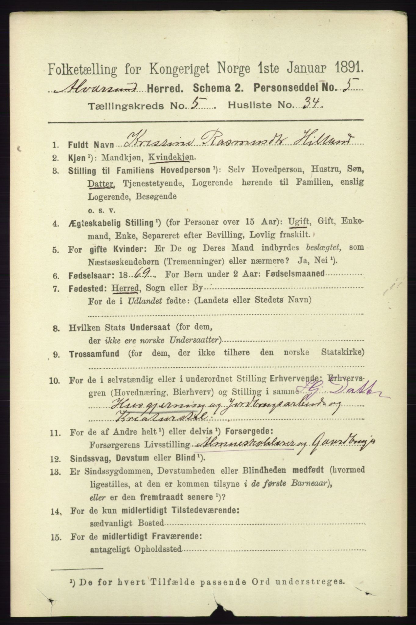 RA, 1891 census for 1257 Alversund, 1891, p. 2006