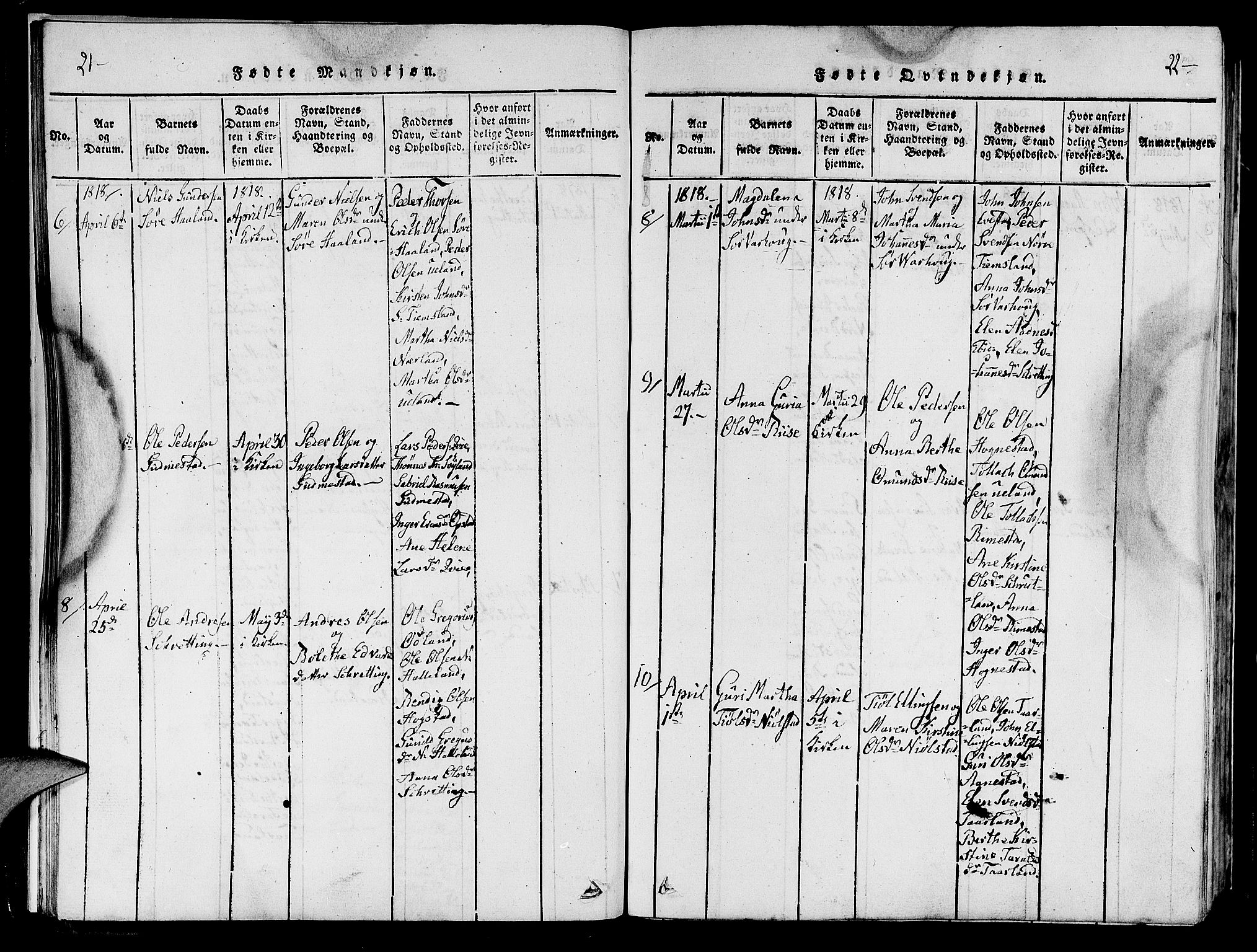 Hå sokneprestkontor, AV/SAST-A-101801/001/30BA/L0003: Parish register (official) no. A 3, 1815-1825, p. 21-22