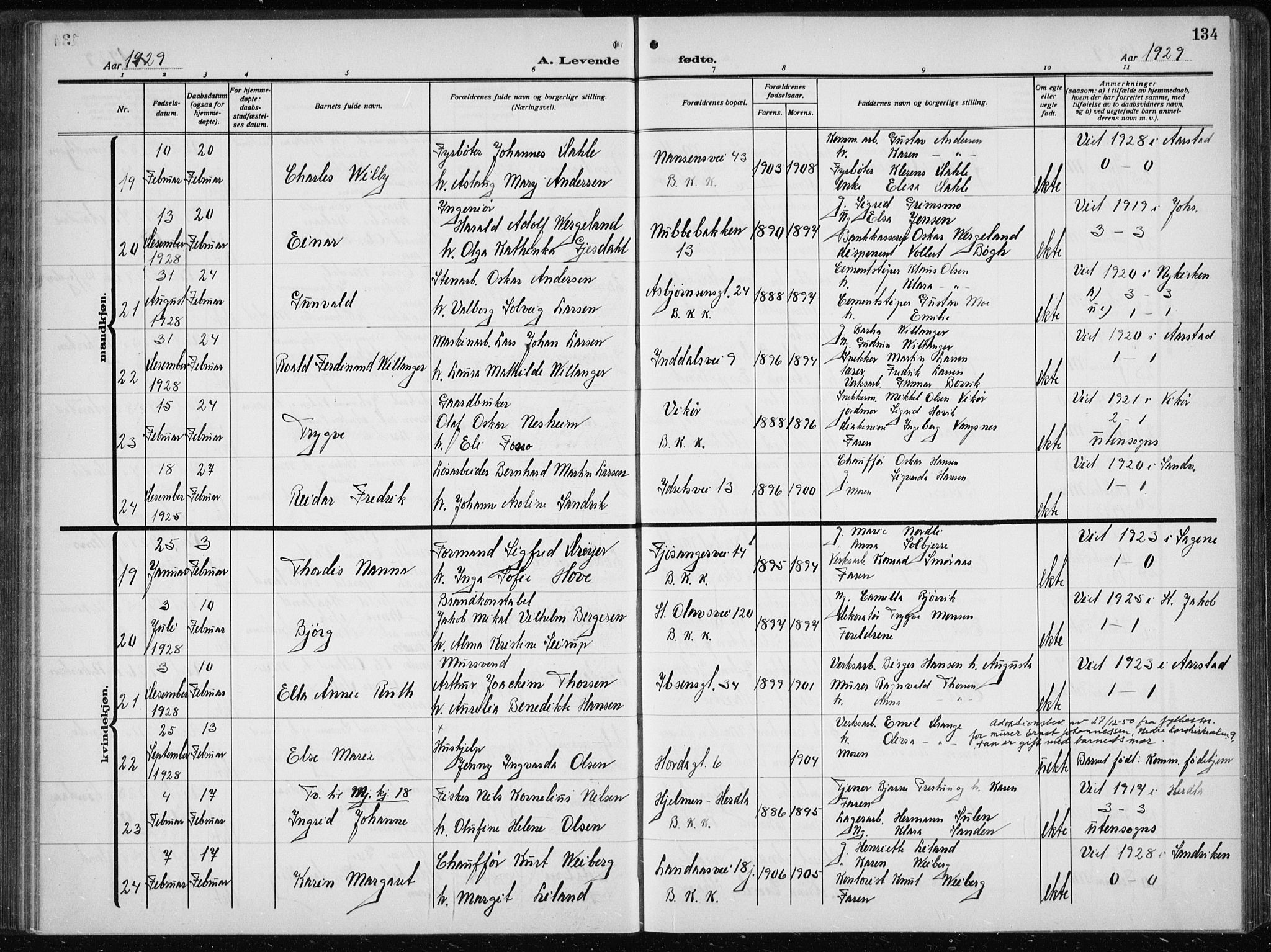 Årstad Sokneprestembete, AV/SAB-A-79301/H/Hab/L0005: Parish register (copy) no. A 5, 1924-1934, p. 134