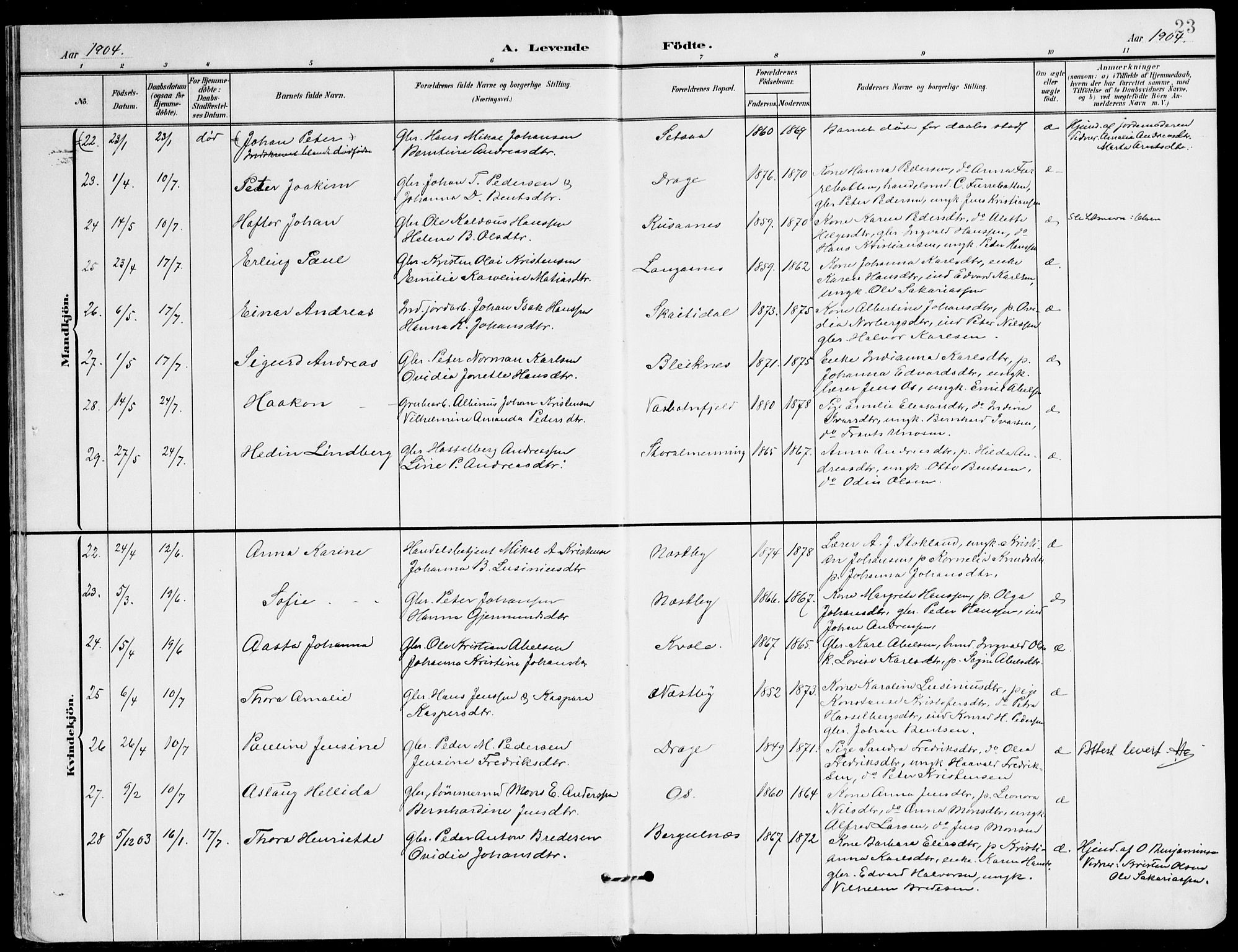 Ministerialprotokoller, klokkerbøker og fødselsregistre - Nordland, AV/SAT-A-1459/847/L0672: Parish register (official) no. 847A12, 1902-1919, p. 23