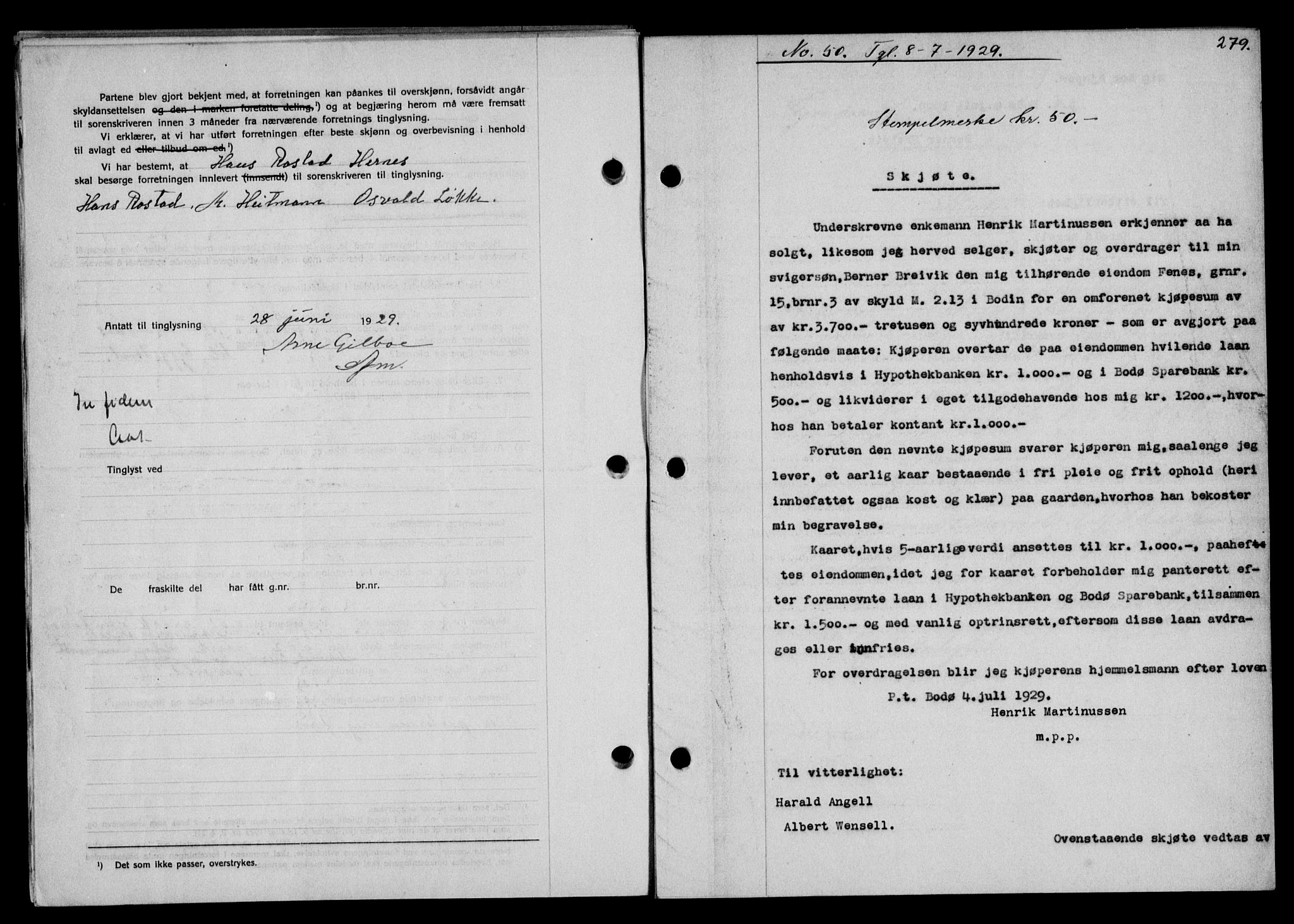 Salten sorenskriveri, AV/SAT-A-4578/1/2/2C/L0057: Mortgage book no. 47, 1929-1929, Deed date: 08.07.1929