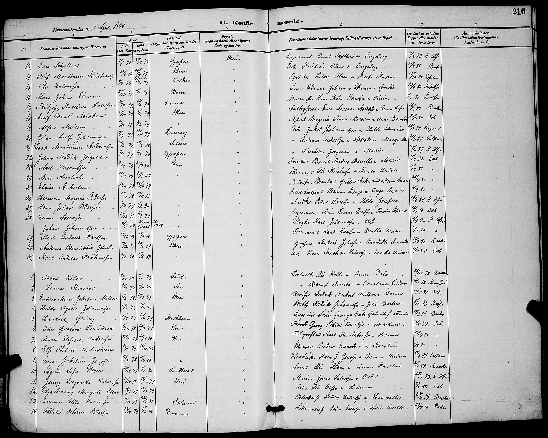 Skien kirkebøker, SAKO/A-302/G/Ga/L0007: Parish register (copy) no. 7, 1891-1900, p. 216