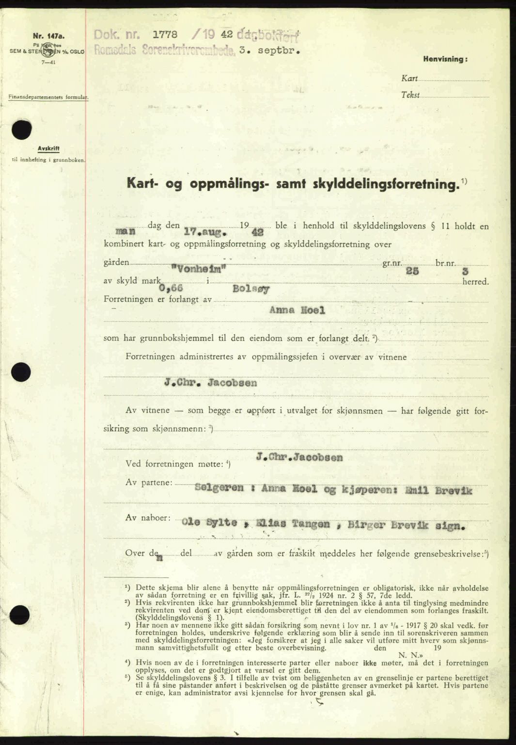 Romsdal sorenskriveri, AV/SAT-A-4149/1/2/2C: Mortgage book no. A12, 1942-1942, Diary no: : 1778/1942