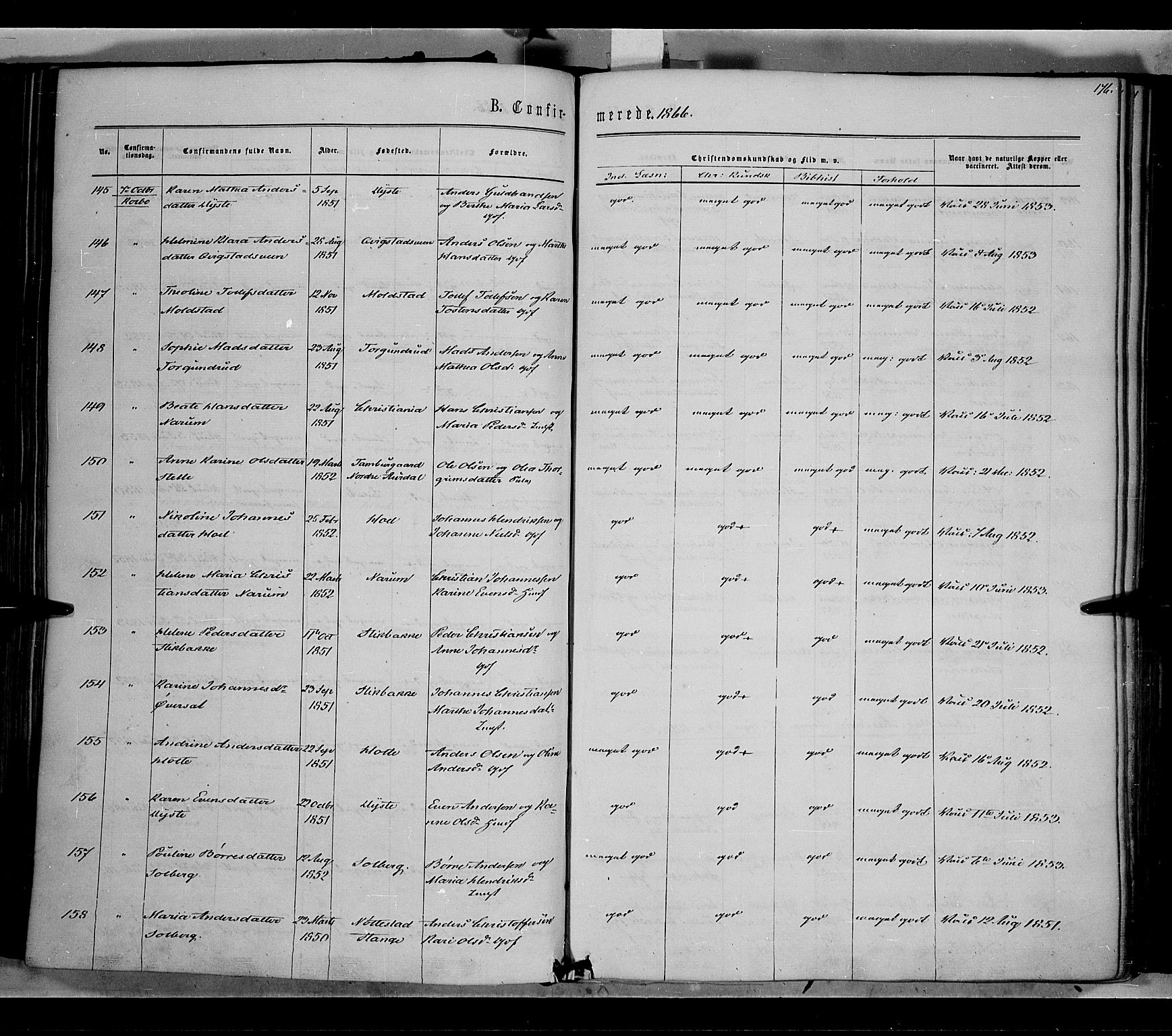 Vestre Toten prestekontor, SAH/PREST-108/H/Ha/Haa/L0007: Parish register (official) no. 7, 1862-1869, p. 176
