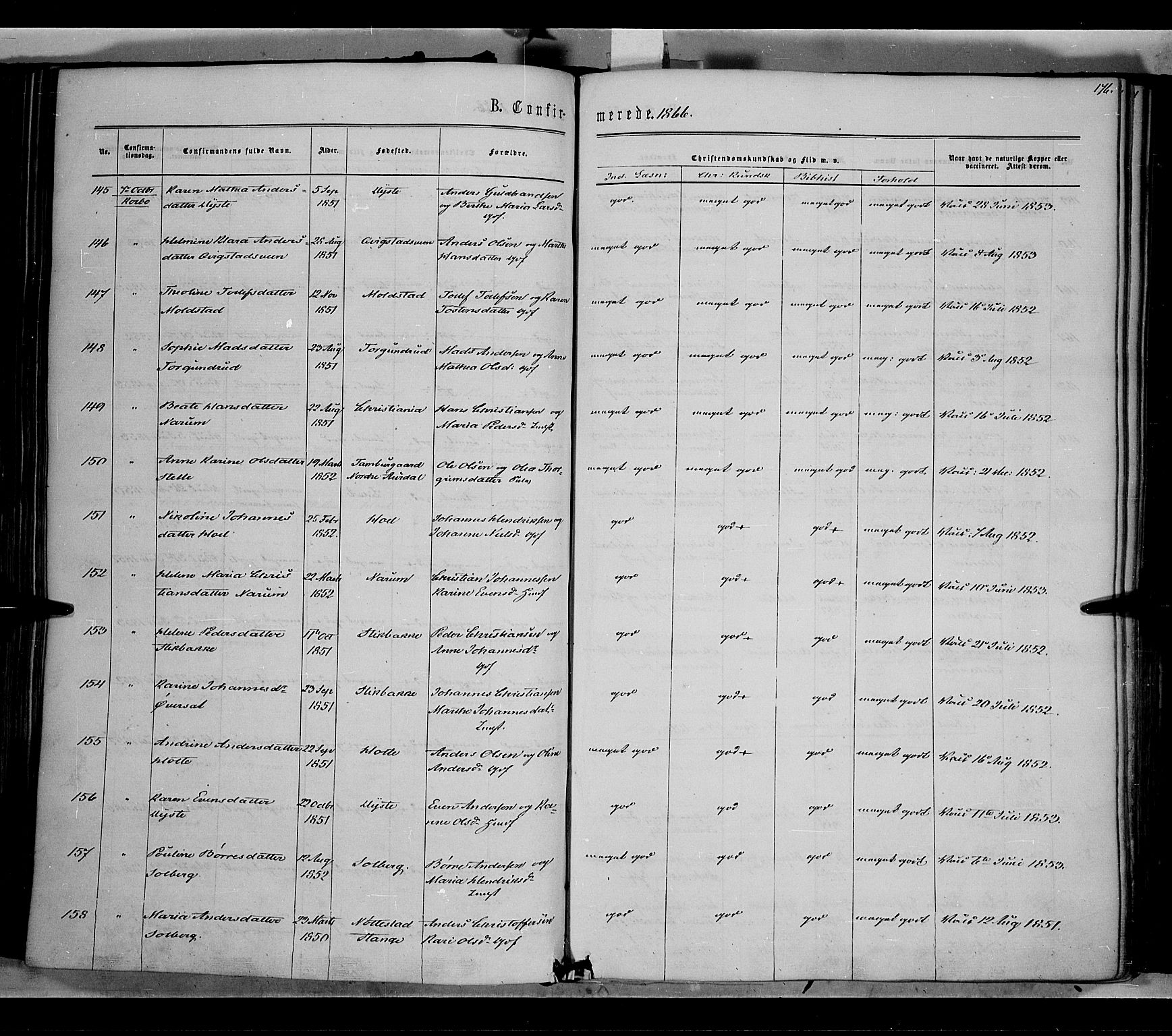 Vestre Toten prestekontor, AV/SAH-PREST-108/H/Ha/Haa/L0007: Parish register (official) no. 7, 1862-1869, p. 176