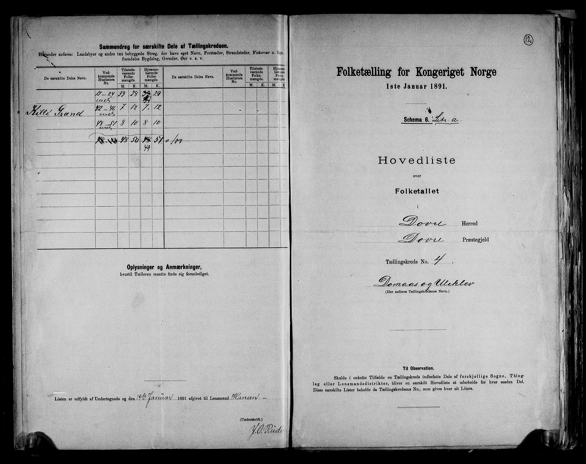 RA, 1891 census for 0511 Dovre, 1891, p. 12