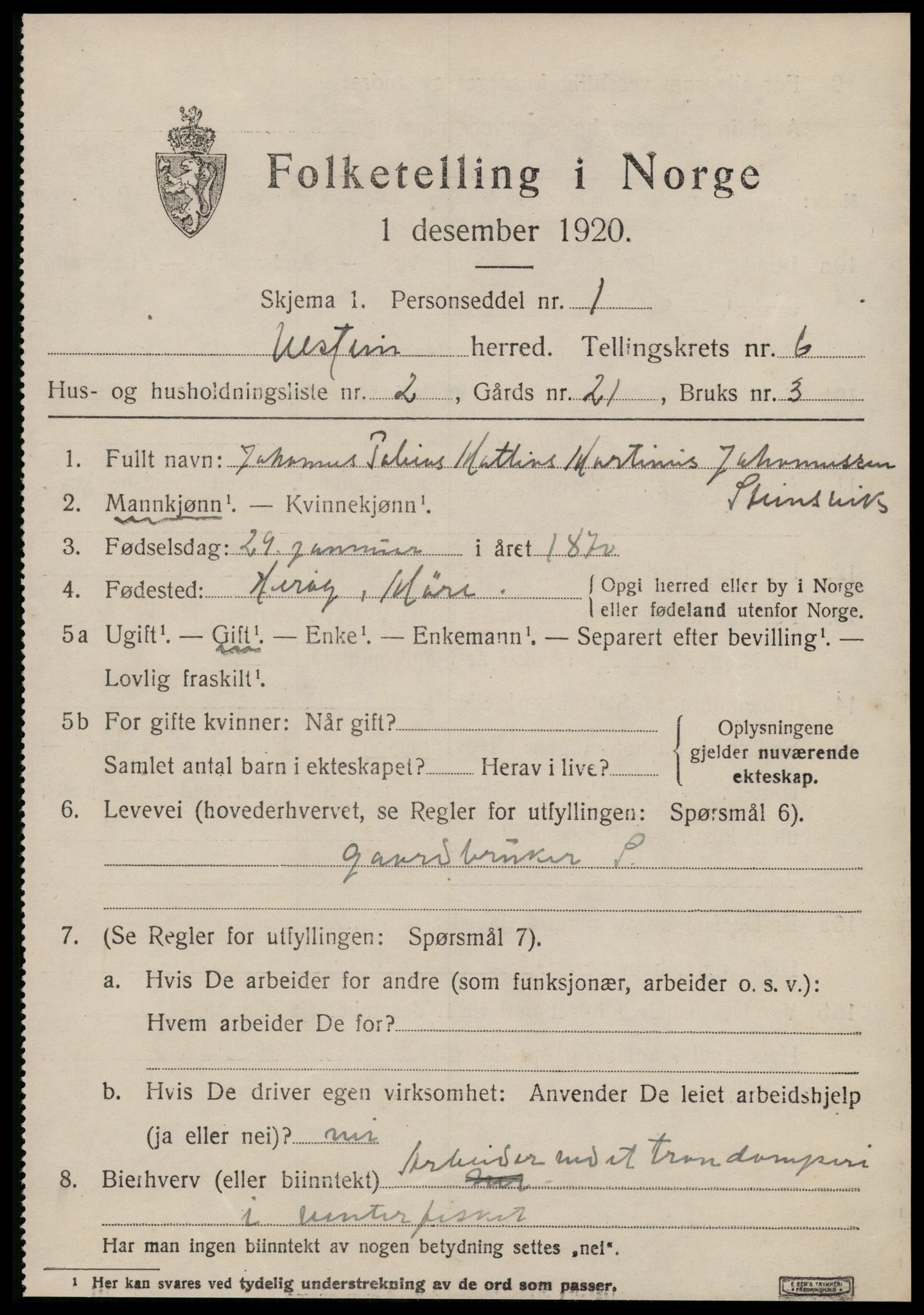 SAT, 1920 census for Ulstein, 1920, p. 3798