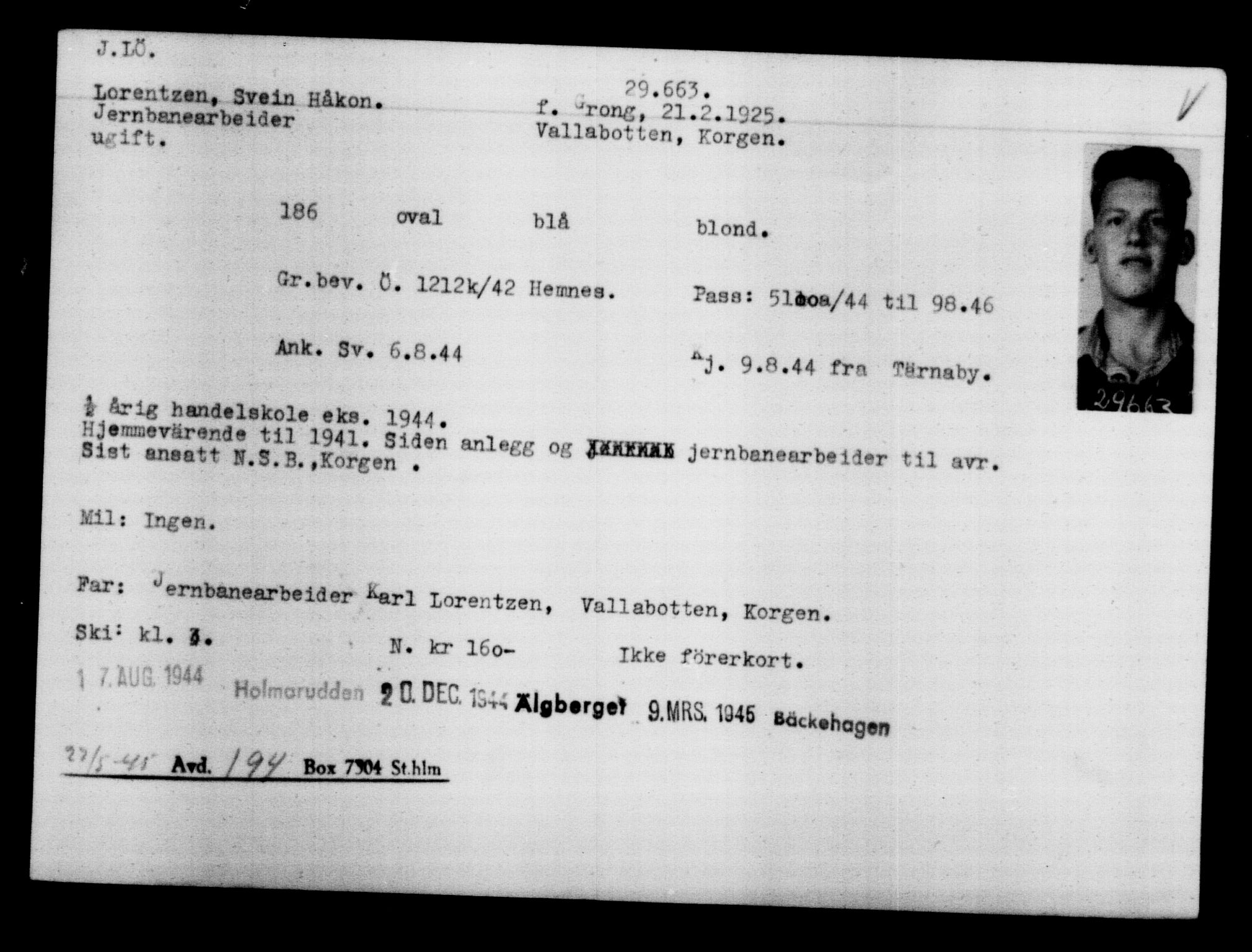 Utenriksstasjonene, Legasjonen i Stockholm, Flyktningkontoret, AV/RA-S-6753/V/Va/L0012: Kjesäterkartoteket, flyktninger med registreringsnr. 28300-31566, 1940-1945, p. 1498