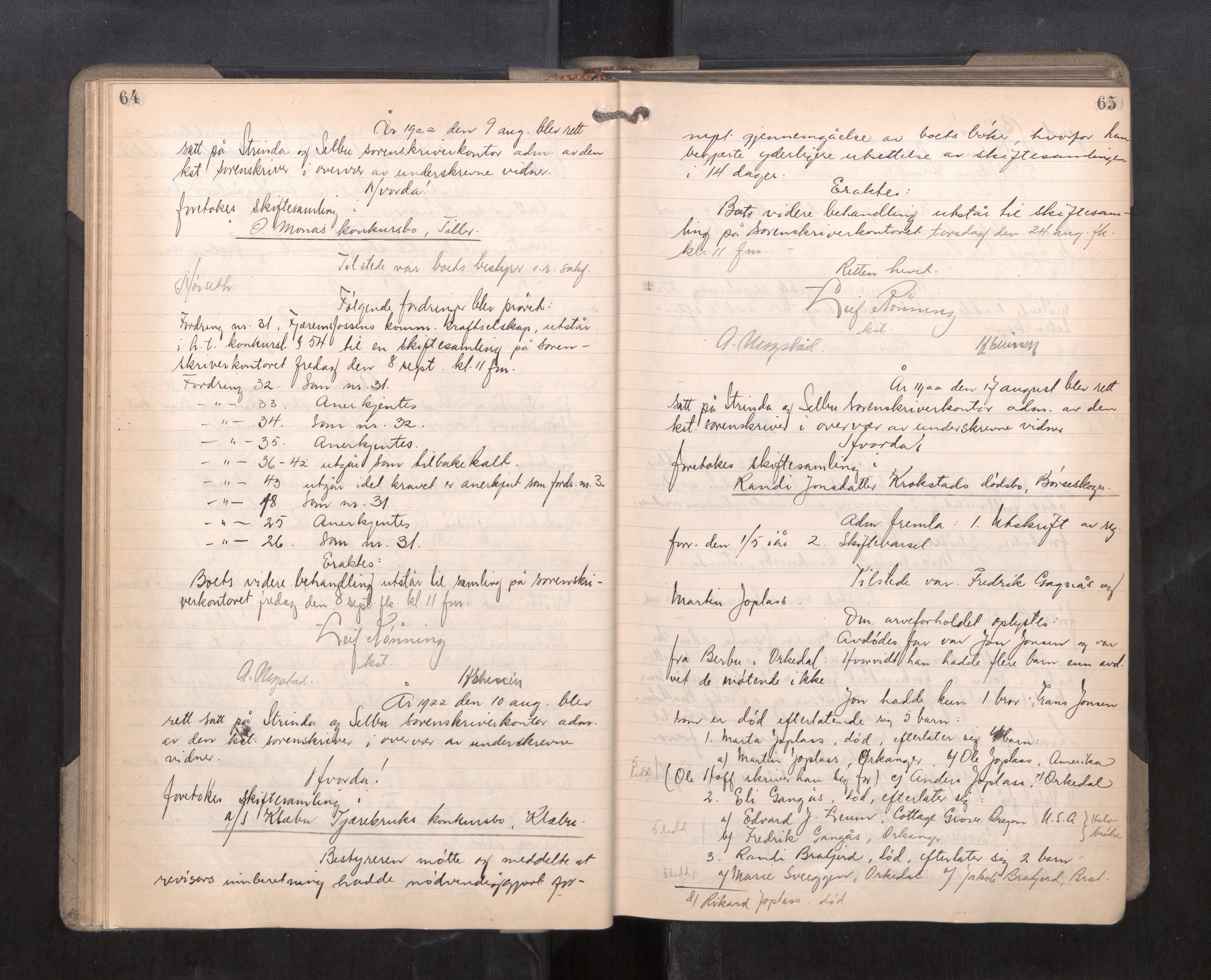 Strinda og Selbu sorenskriveri, AV/SAT-A-0015/3/3B/L0014: Skifteforhandlingsprot. 14, 1922-1924, p. 64-65