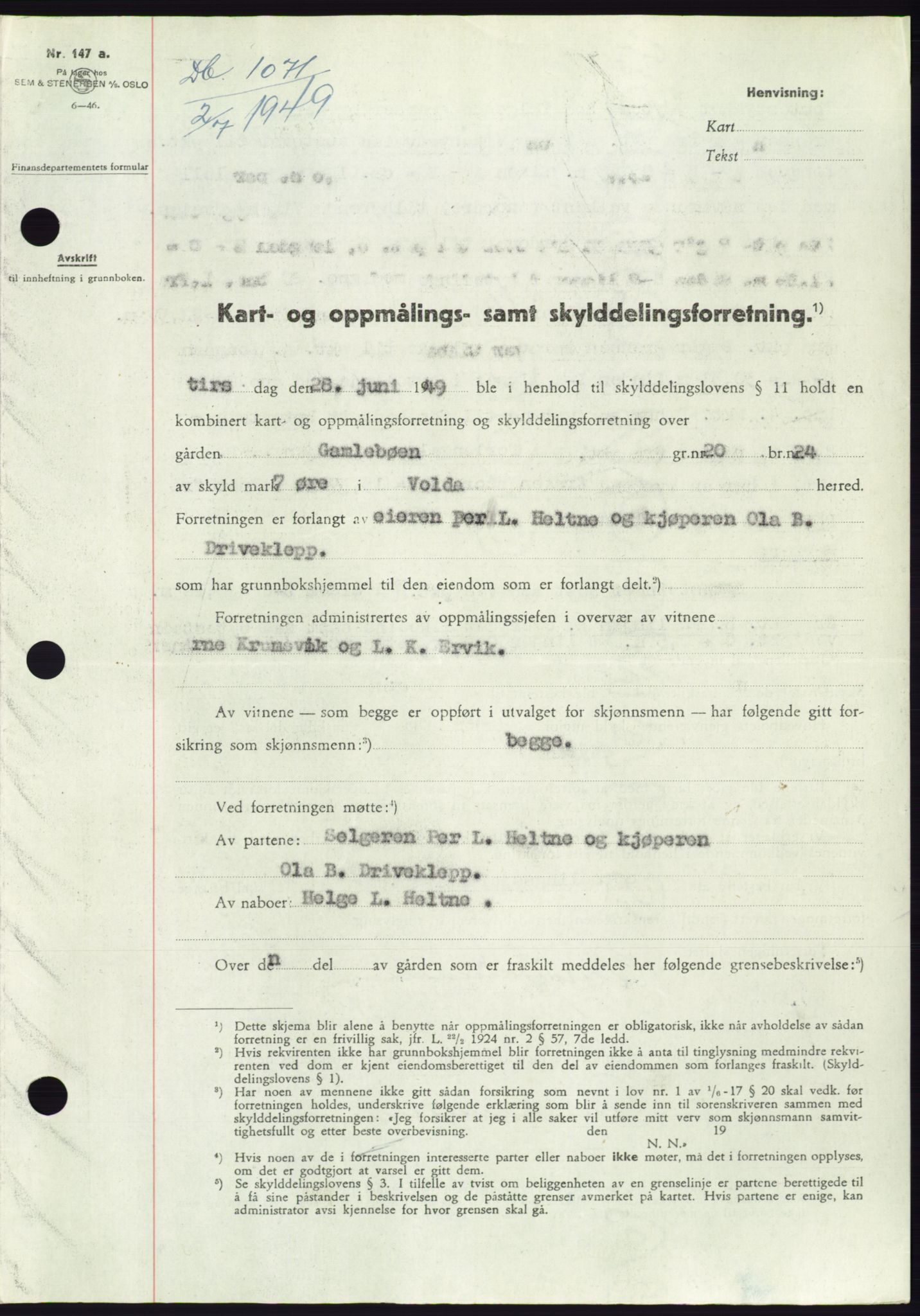 Søre Sunnmøre sorenskriveri, AV/SAT-A-4122/1/2/2C/L0084: Mortgage book no. 10A, 1949-1949, Diary no: : 1071/1949