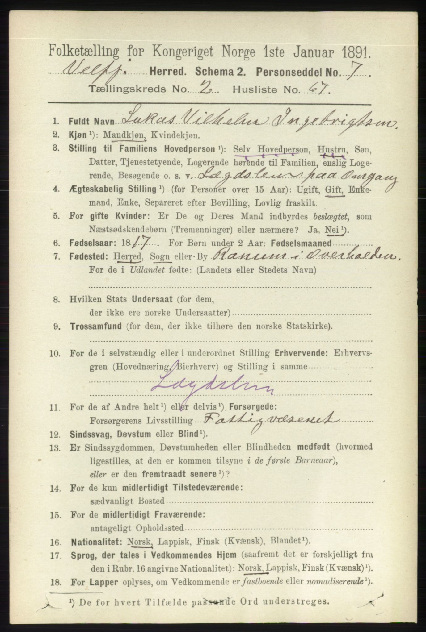 RA, 1891 census for 1813 Velfjord, 1891, p. 934