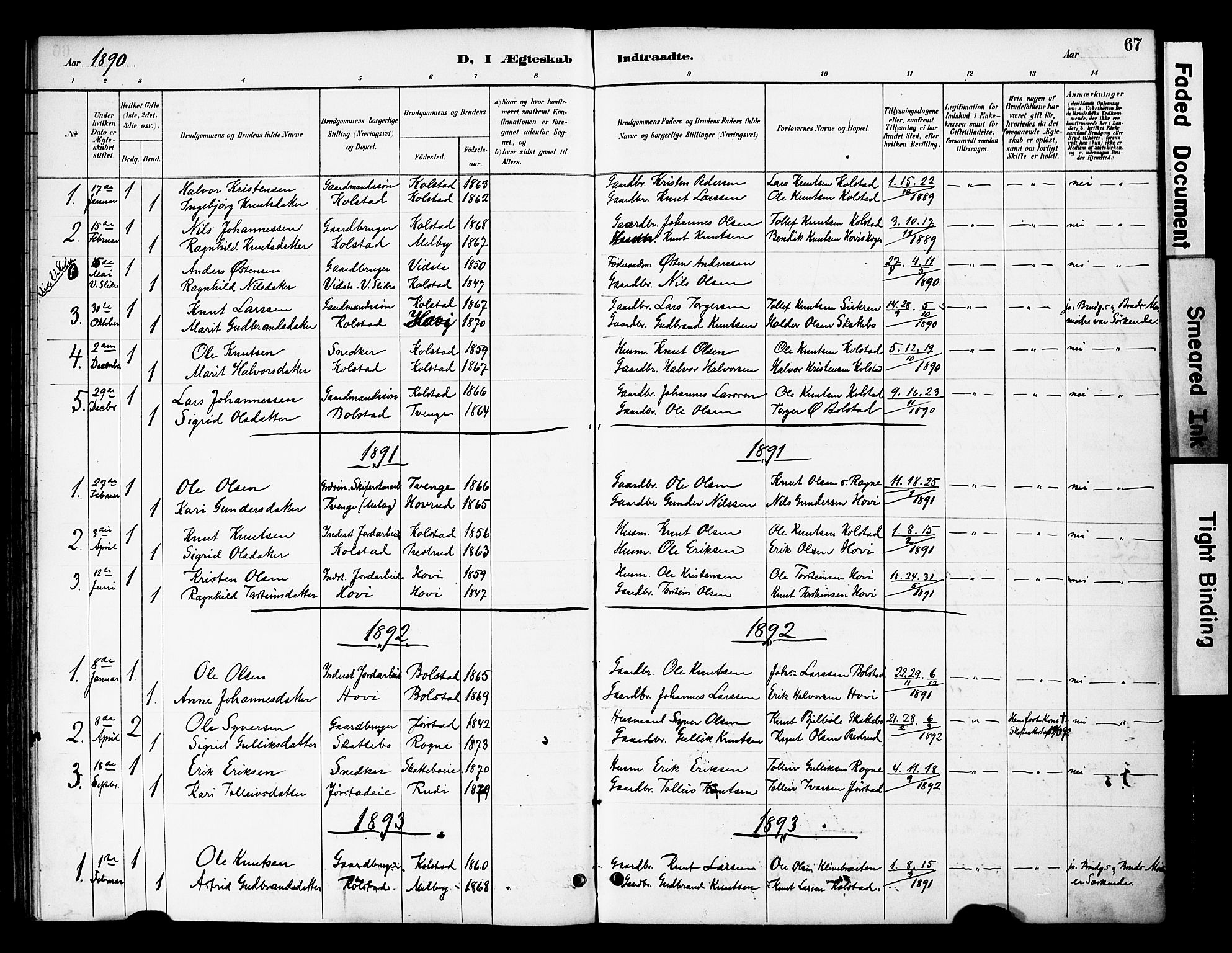 Øystre Slidre prestekontor, AV/SAH-PREST-138/H/Ha/Haa/L0003: Parish register (official) no. 3, 1887-1910, p. 67
