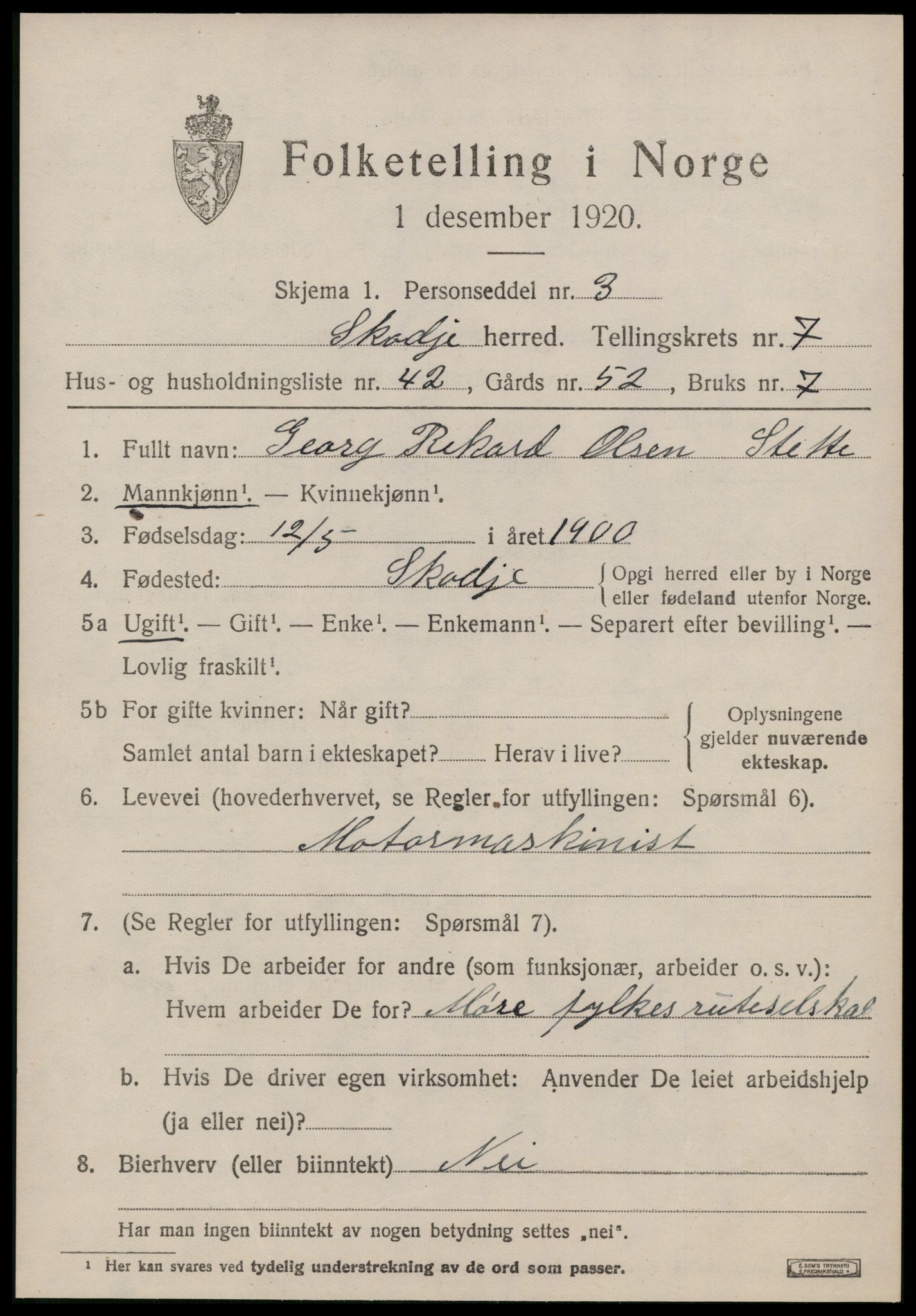 SAT, 1920 census for Skodje, 1920, p. 3463