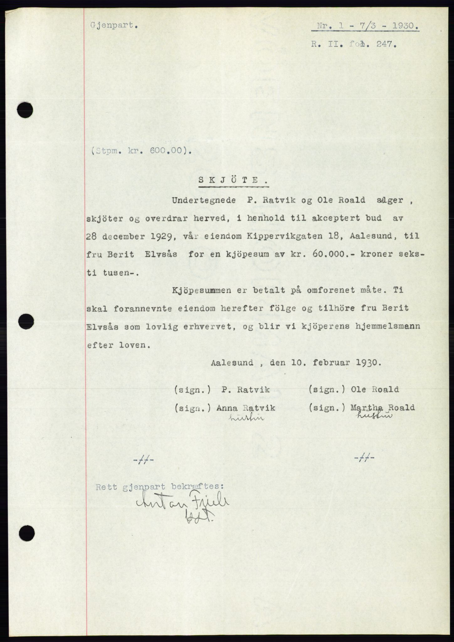 Ålesund byfogd, SAT/A-4384: Mortgage book no. 26, 1930-1930, Deed date: 07.03.1930