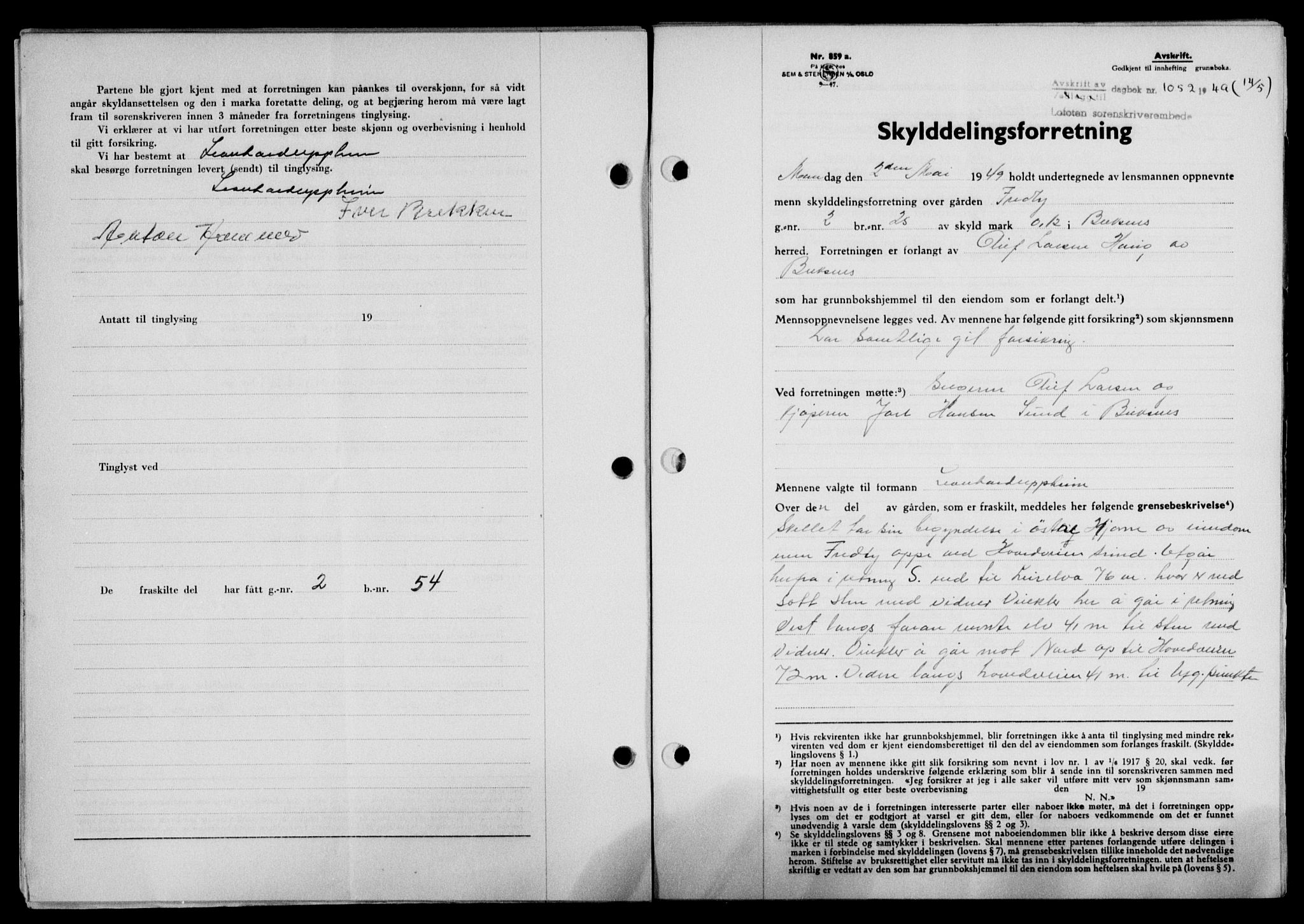 Lofoten sorenskriveri, SAT/A-0017/1/2/2C/L0020a: Mortgage book no. 20a, 1948-1949, Diary no: : 1052/1949