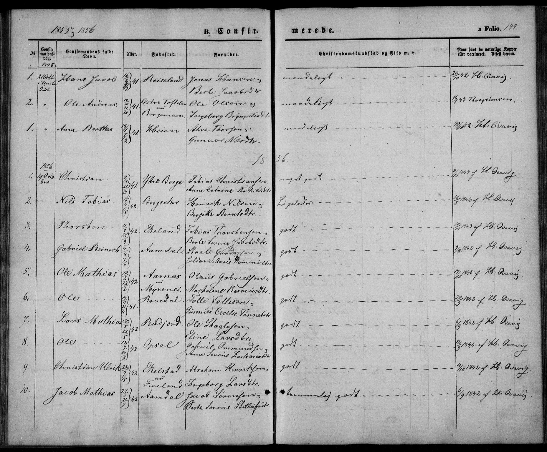 Lyngdal sokneprestkontor, SAK/1111-0029/F/Fa/Fac/L0009: Parish register (official) no. A 9, 1852-1864, p. 144