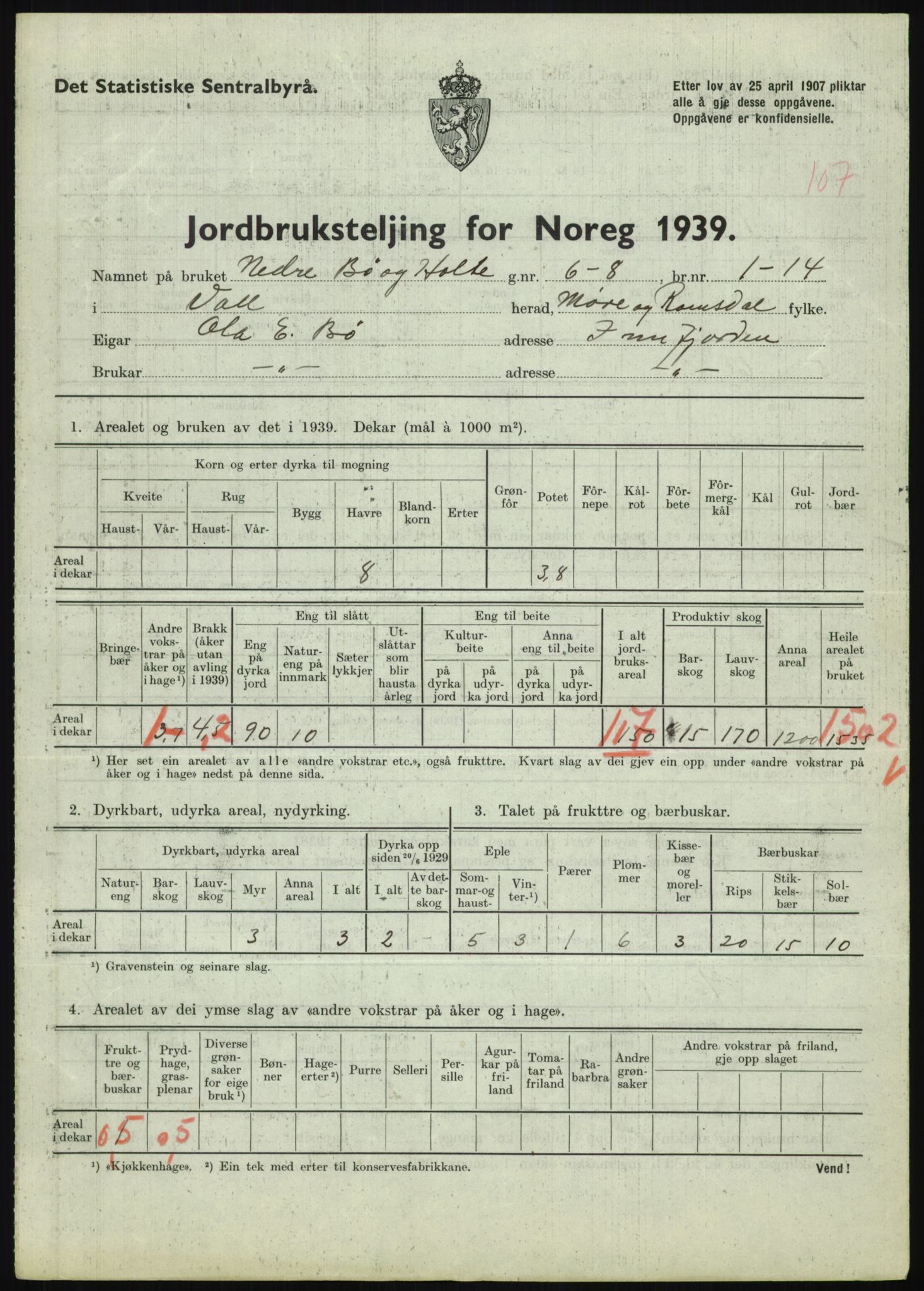 Statistisk sentralbyrå, Næringsøkonomiske emner, Jordbruk, skogbruk, jakt, fiske og fangst, AV/RA-S-2234/G/Gb/L0251: Møre og Romsdal: Voll, Eid, Grytten og Hen, 1939, p. 319