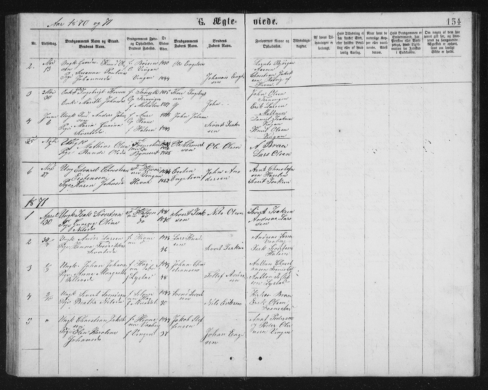 Ministerialprotokoller, klokkerbøker og fødselsregistre - Sør-Trøndelag, SAT/A-1456/662/L0756: Parish register (copy) no. 662C01, 1869-1891, p. 154