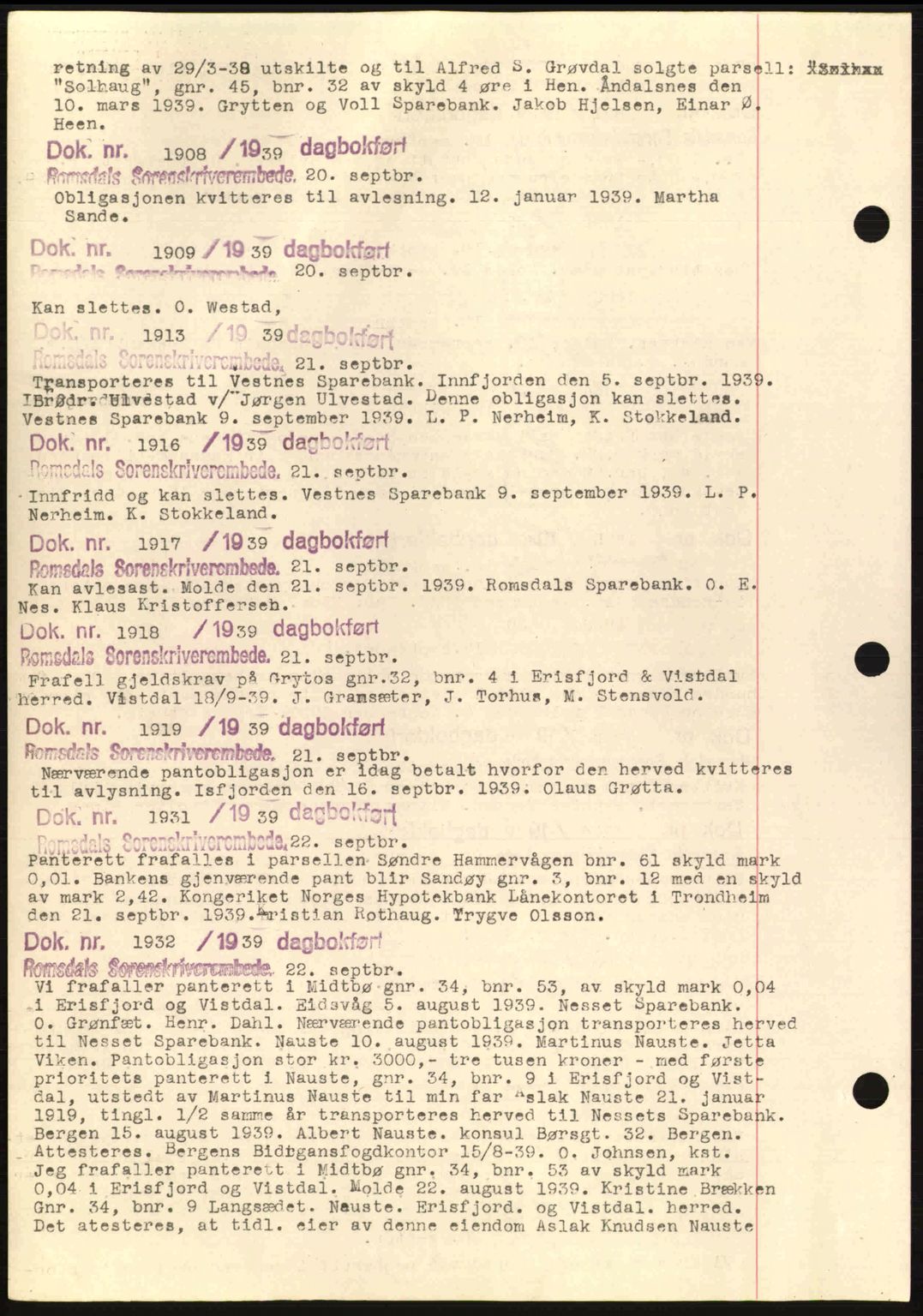 Romsdal sorenskriveri, AV/SAT-A-4149/1/2/2C: Mortgage book no. C1a, 1936-1945, Diary no: : 1908/1939