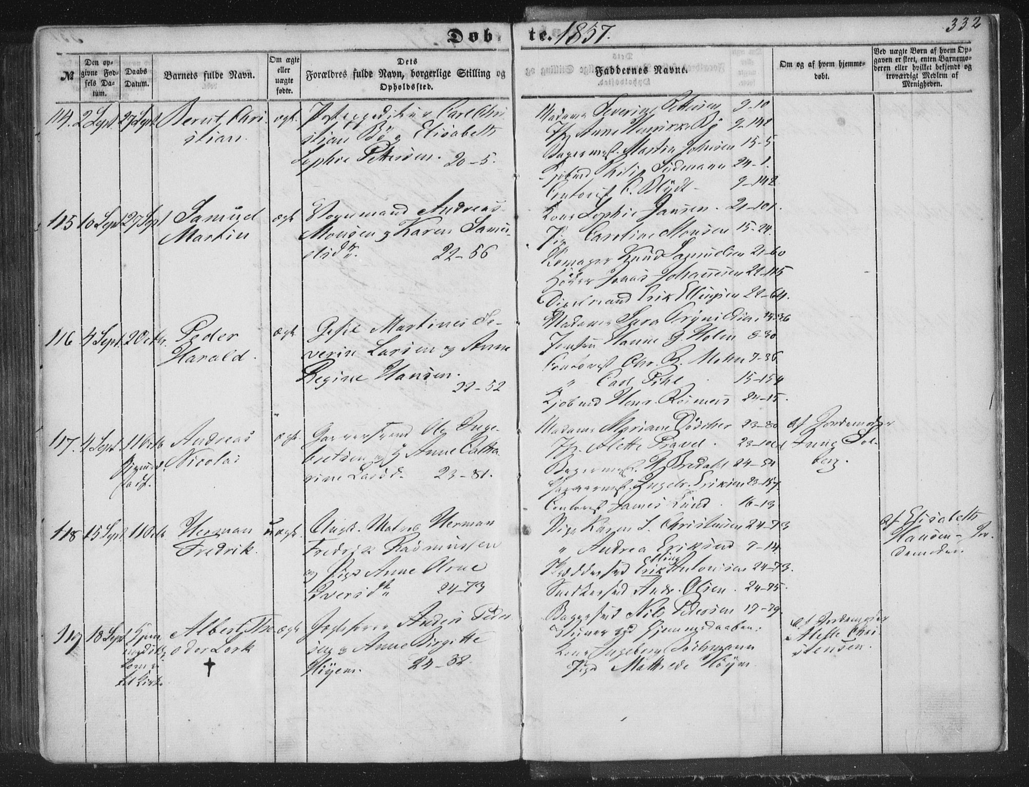 Korskirken sokneprestembete, AV/SAB-A-76101/H/Haa/L0017: Parish register (official) no. B 3, 1851-1857, p. 332