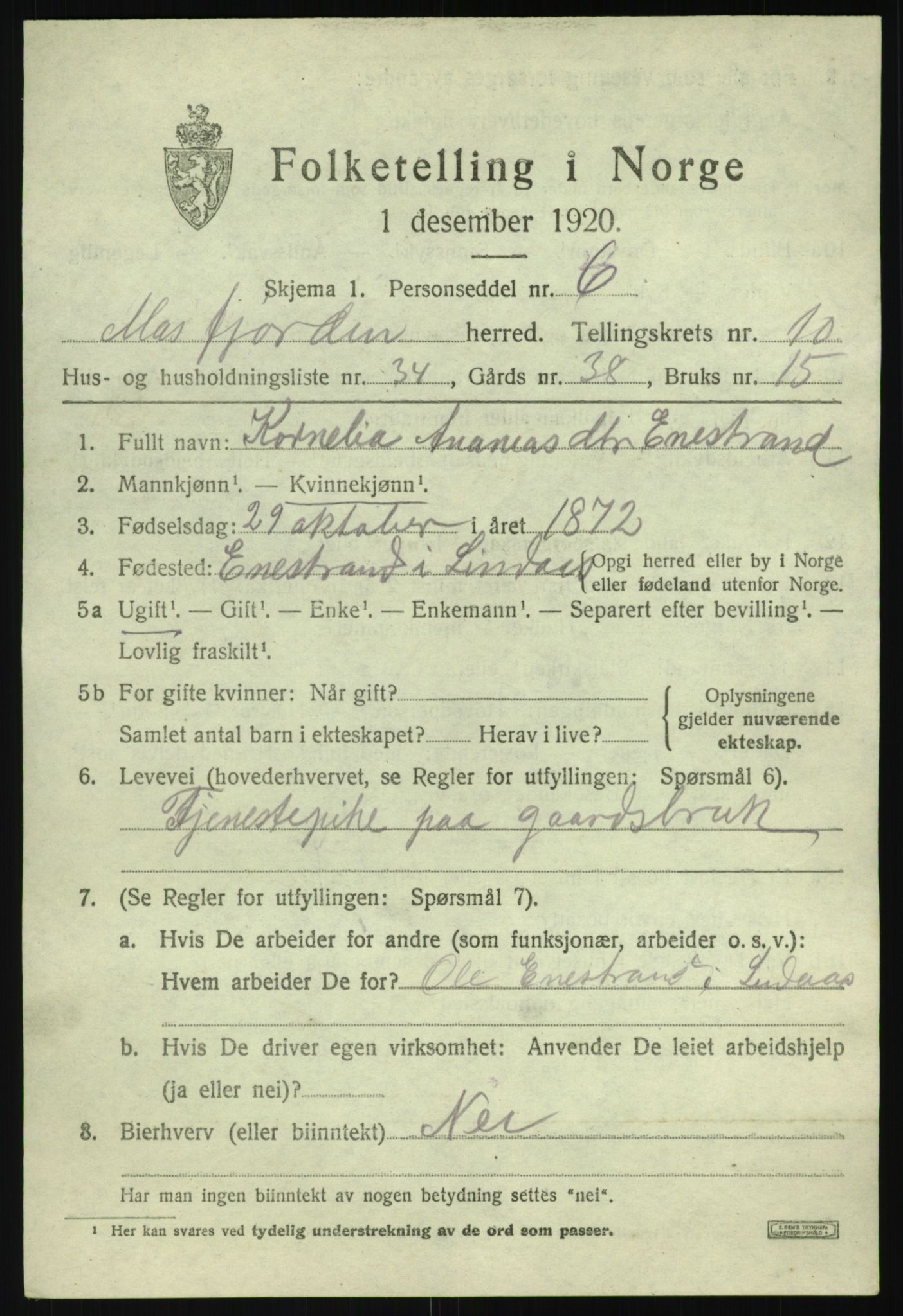 SAB, 1920 census for Masfjorden, 1920, p. 4113