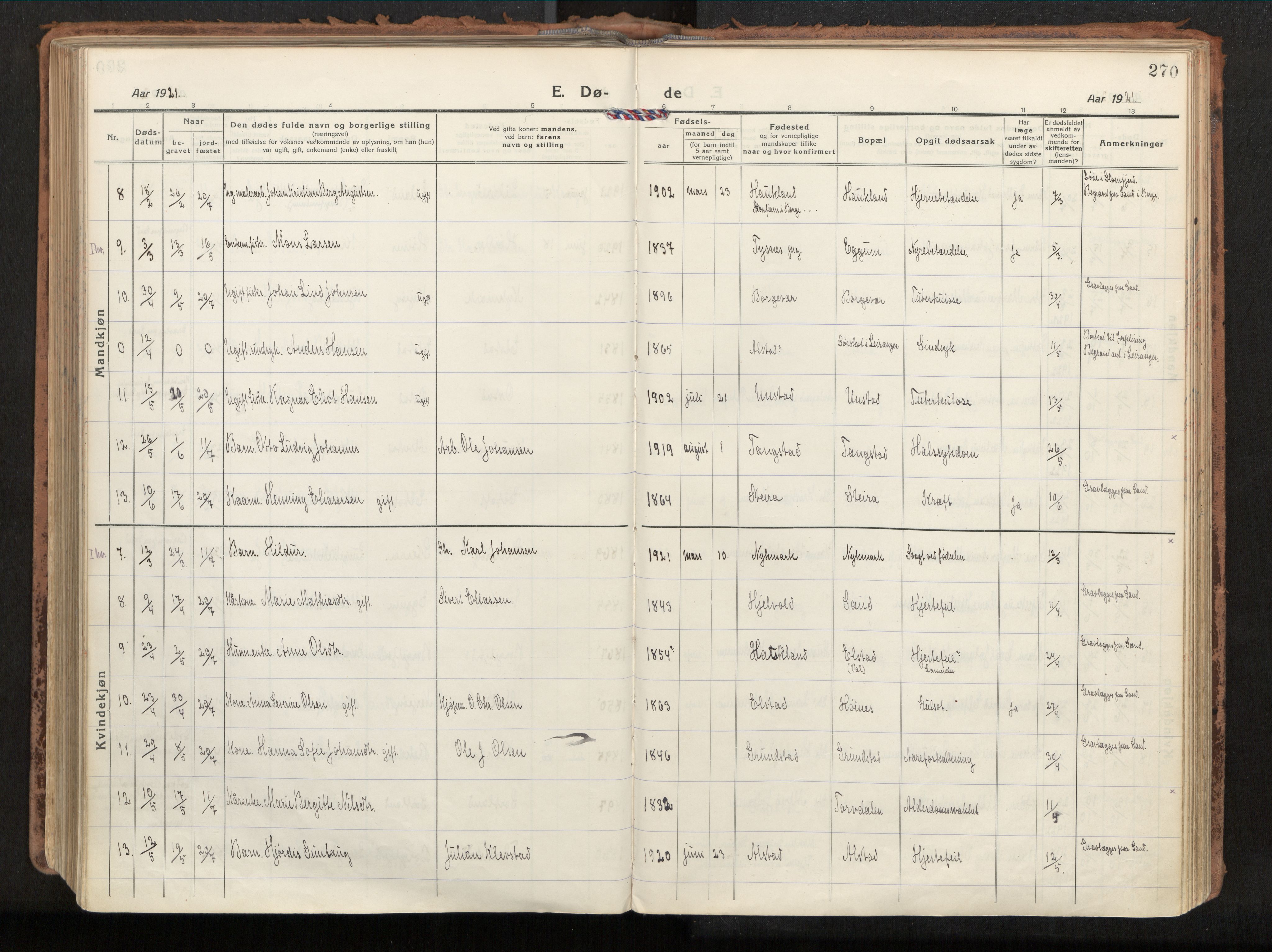 Ministerialprotokoller, klokkerbøker og fødselsregistre - Nordland, SAT/A-1459/880/L1136: Parish register (official) no. 880A10, 1919-1927, p. 270