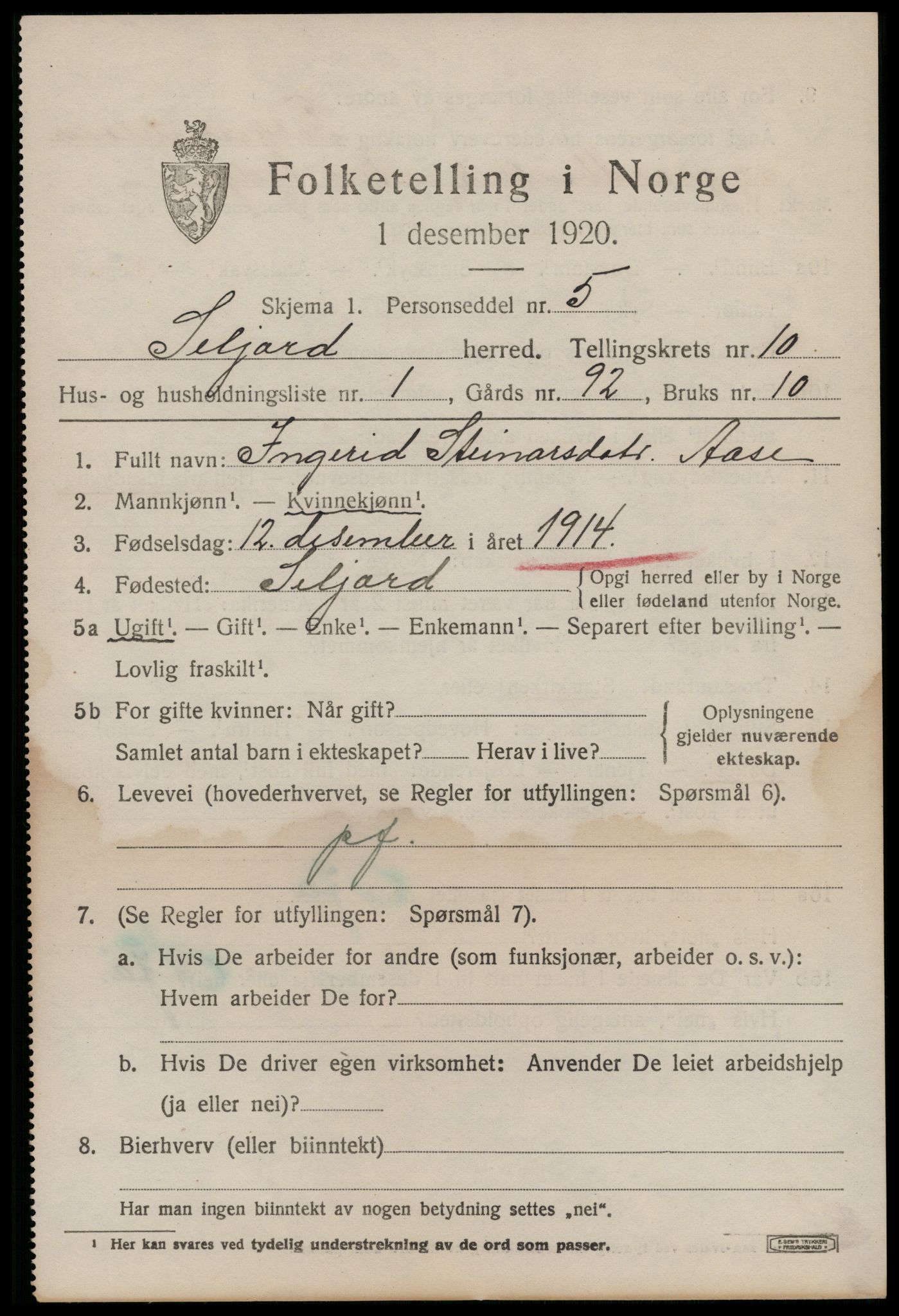 SAKO, 1920 census for Seljord, 1920, p. 4786