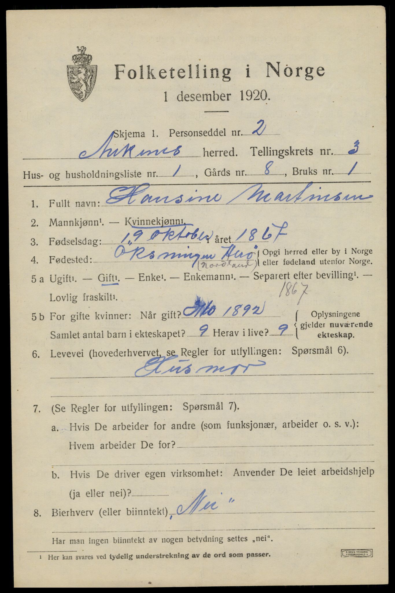SAT, 1920 census for Ankenes, 1920, p. 1703