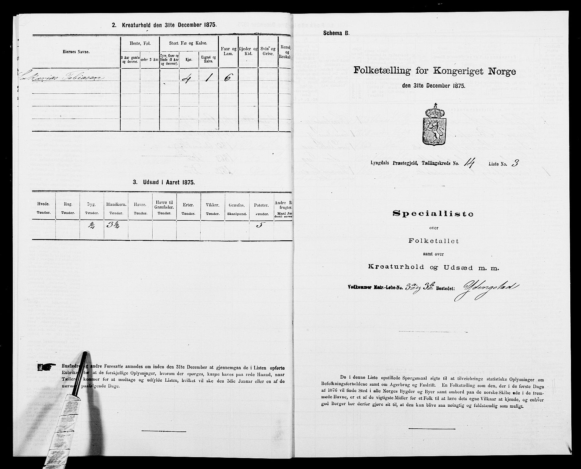 SAK, 1875 census for 1032P Lyngdal, 1875, p. 2019