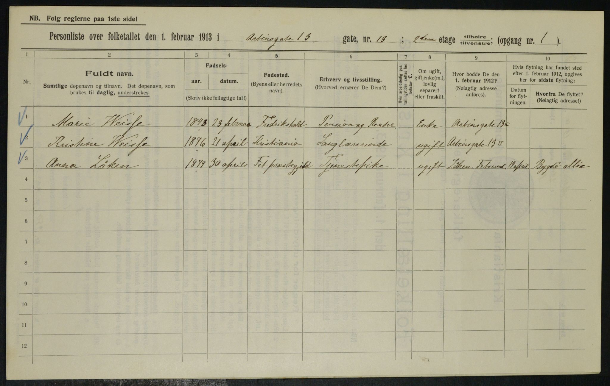 OBA, Municipal Census 1913 for Kristiania, 1913, p. 1612