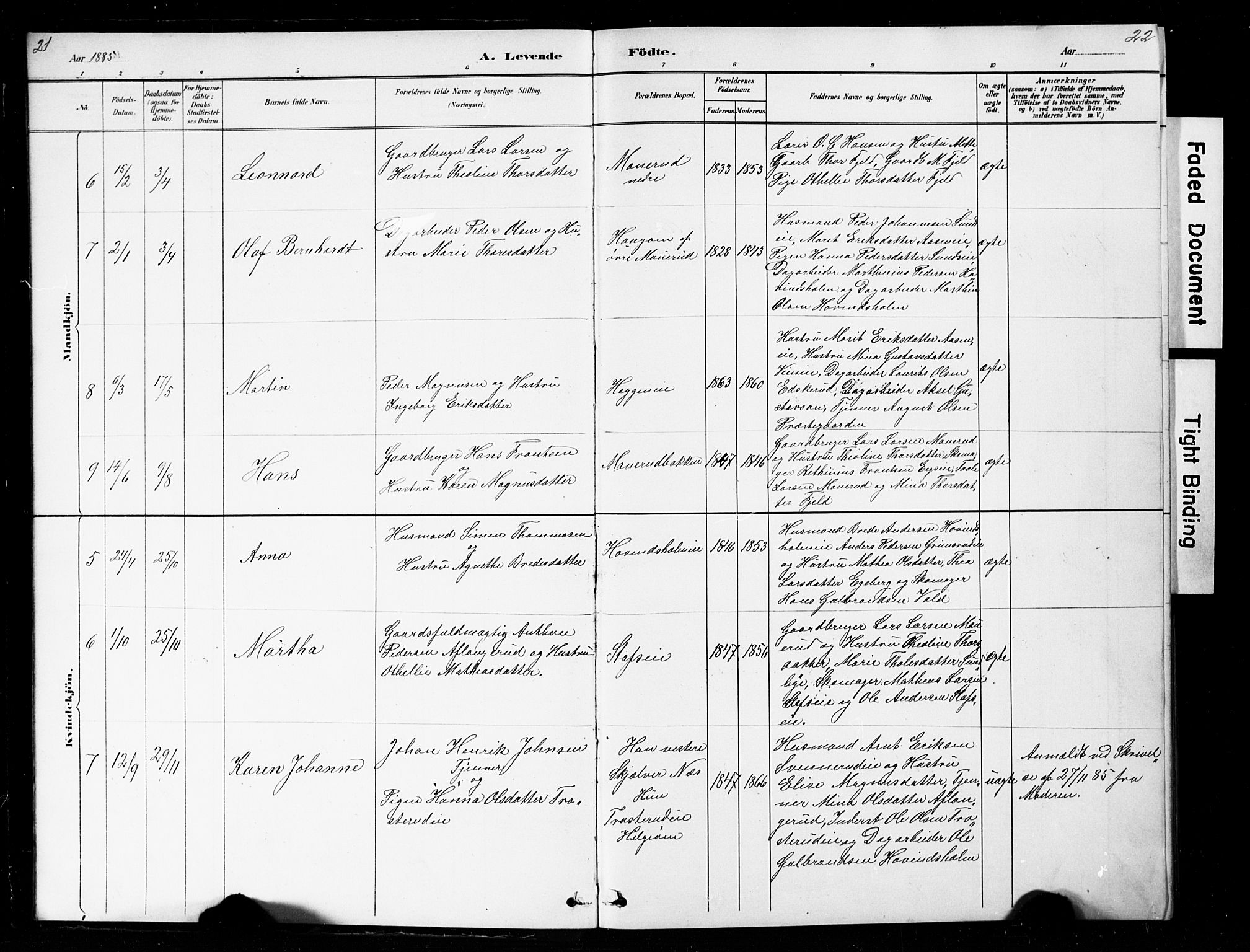 Nes prestekontor, Hedmark, AV/SAH-PREST-020/L/La/L0016: Parish register (copy) no. 16, 1883-1900, p. 21-22