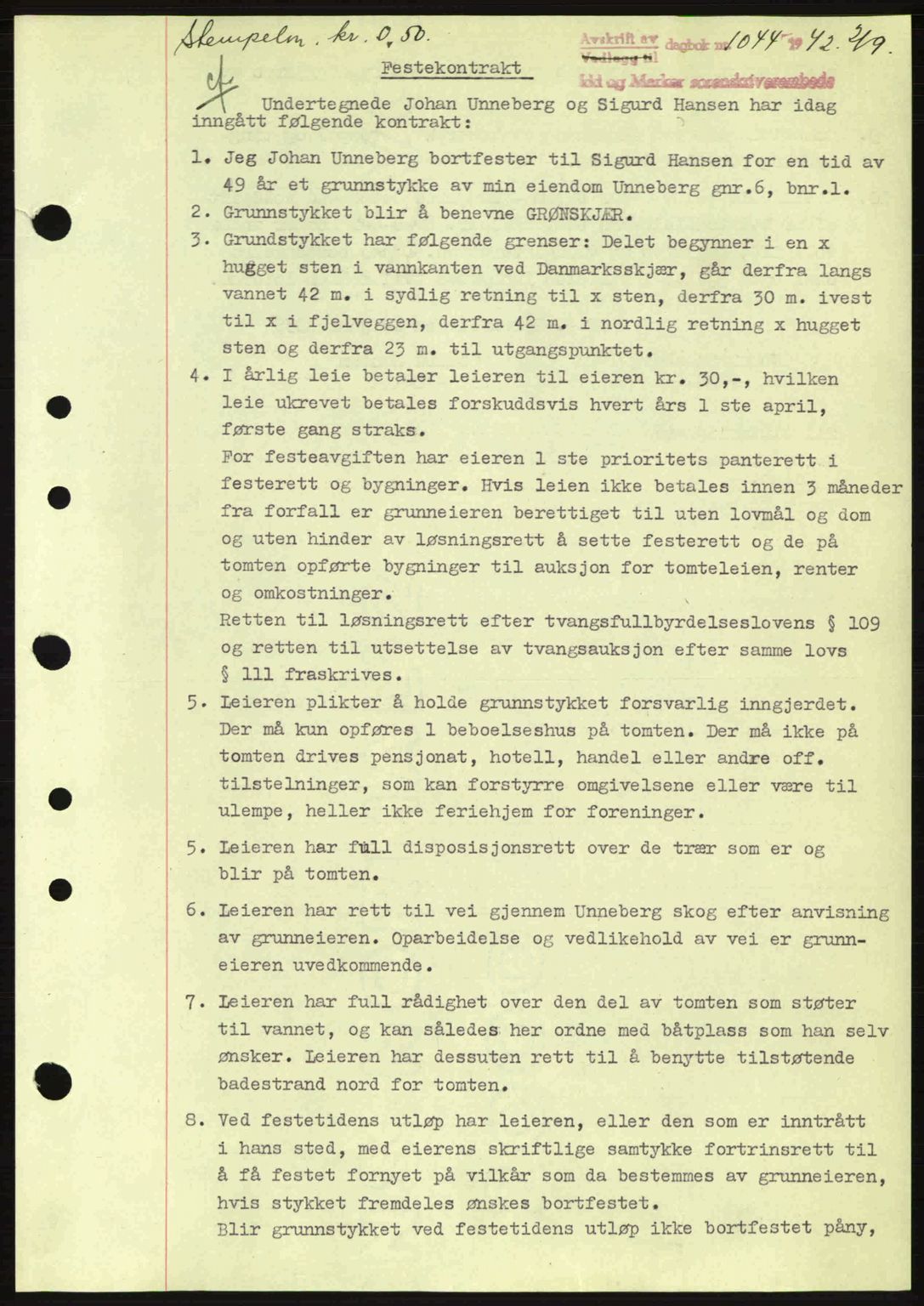 Idd og Marker sorenskriveri, AV/SAO-A-10283/G/Gb/Gbb/L0005: Mortgage book no. A5, 1941-1943, Diary no: : 1044/1942