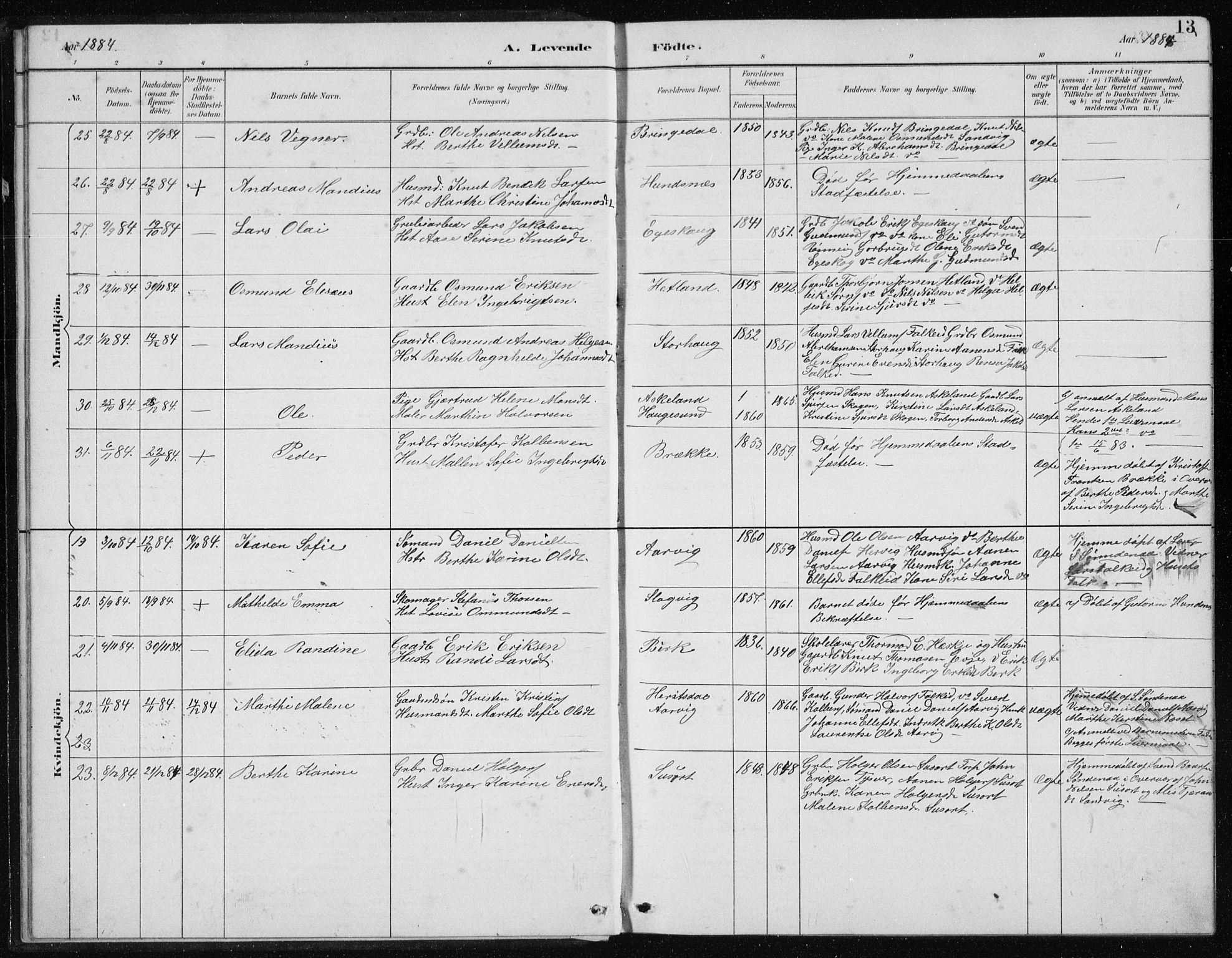 Tysvær sokneprestkontor, SAST/A -101864/H/Ha/Hab/L0004: Parish register (copy) no. B 4, 1883-1896, p. 13
