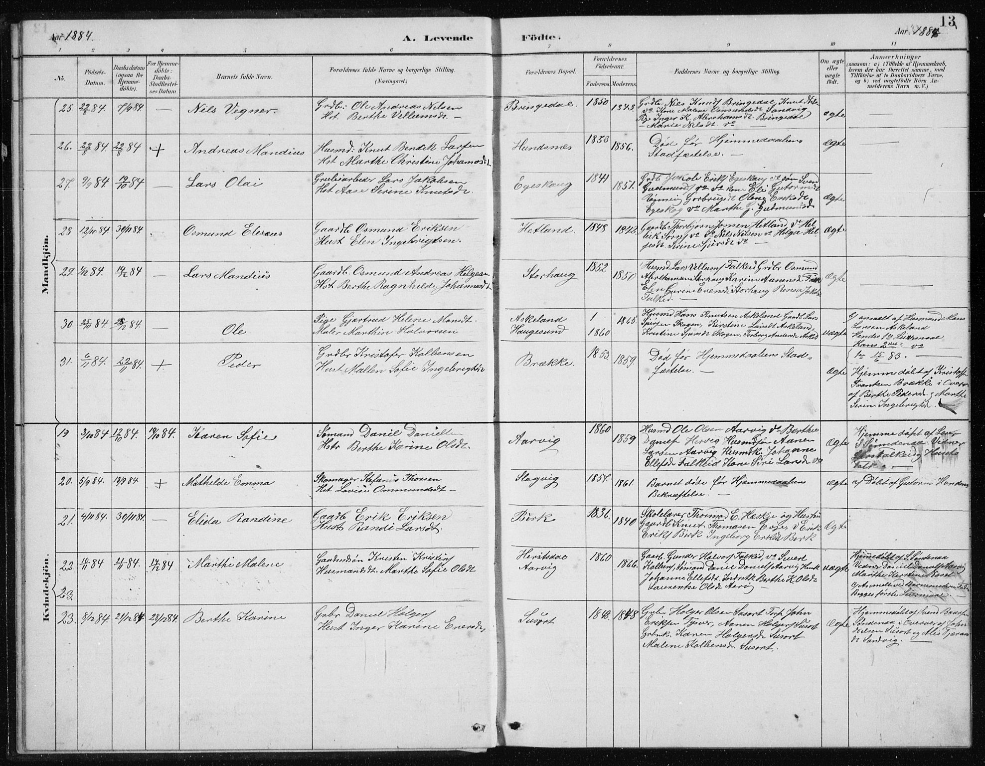 Tysvær sokneprestkontor, AV/SAST-A -101864/H/Ha/Hab/L0004: Parish register (copy) no. B 4, 1883-1896, p. 13