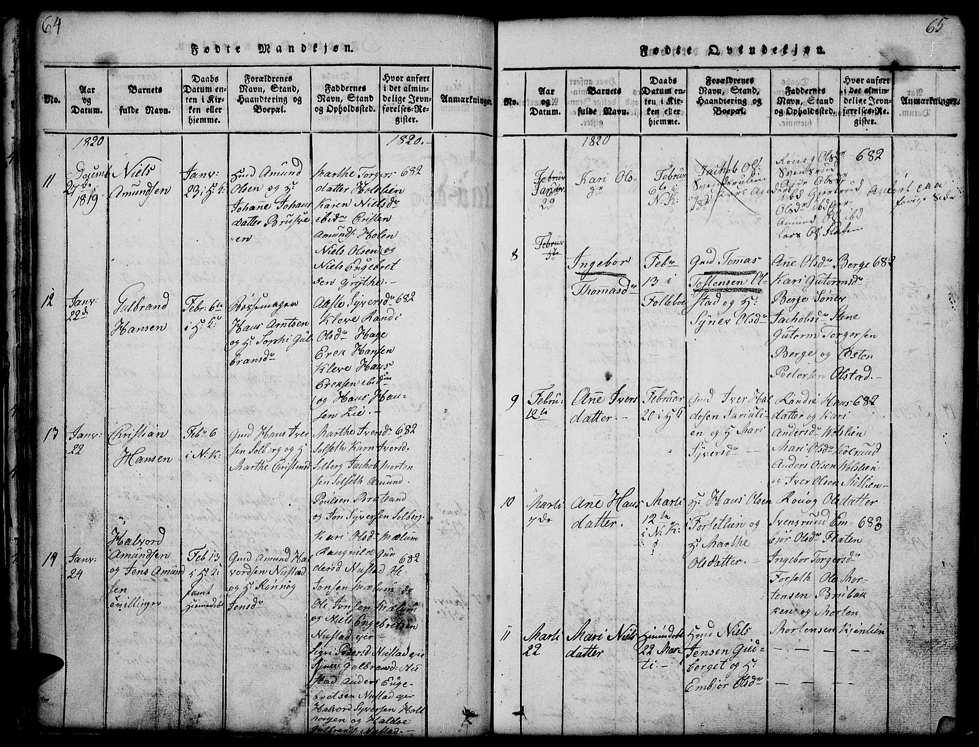 Gausdal prestekontor, AV/SAH-PREST-090/H/Ha/Hab/L0001: Parish register (copy) no. 1, 1817-1848, p. 64-65