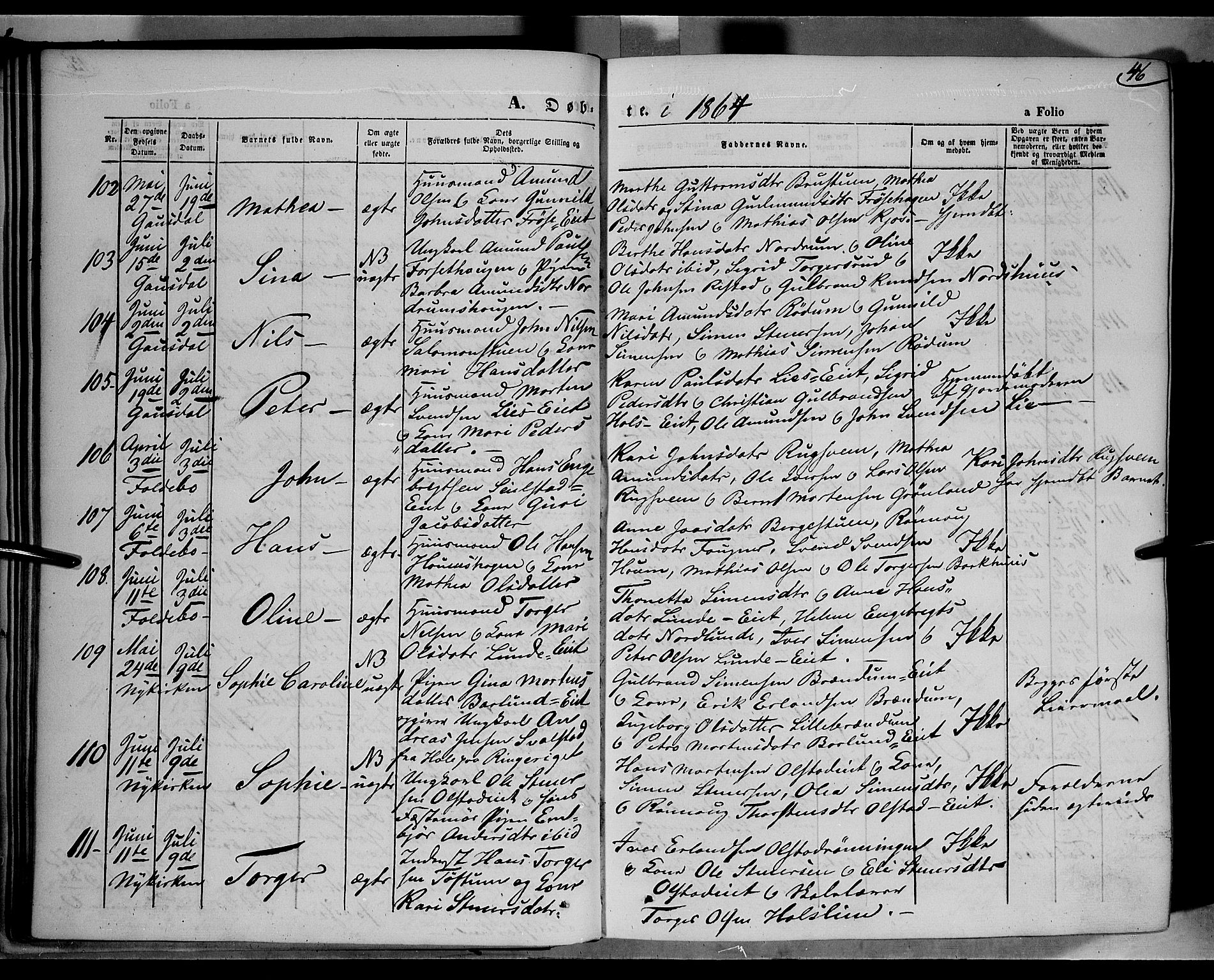 Gausdal prestekontor, AV/SAH-PREST-090/H/Ha/Haa/L0009: Parish register (official) no. 9, 1862-1873, p. 46