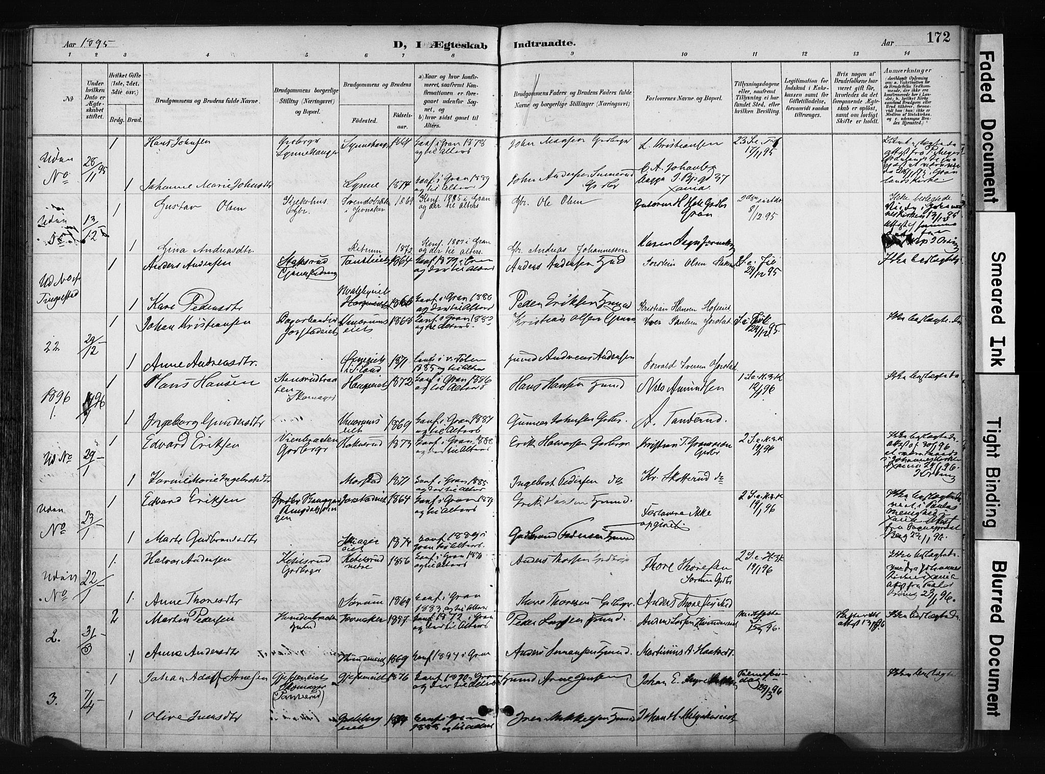 Gran prestekontor, SAH/PREST-112/H/Ha/Haa/L0017: Parish register (official) no. 17, 1889-1897, p. 172