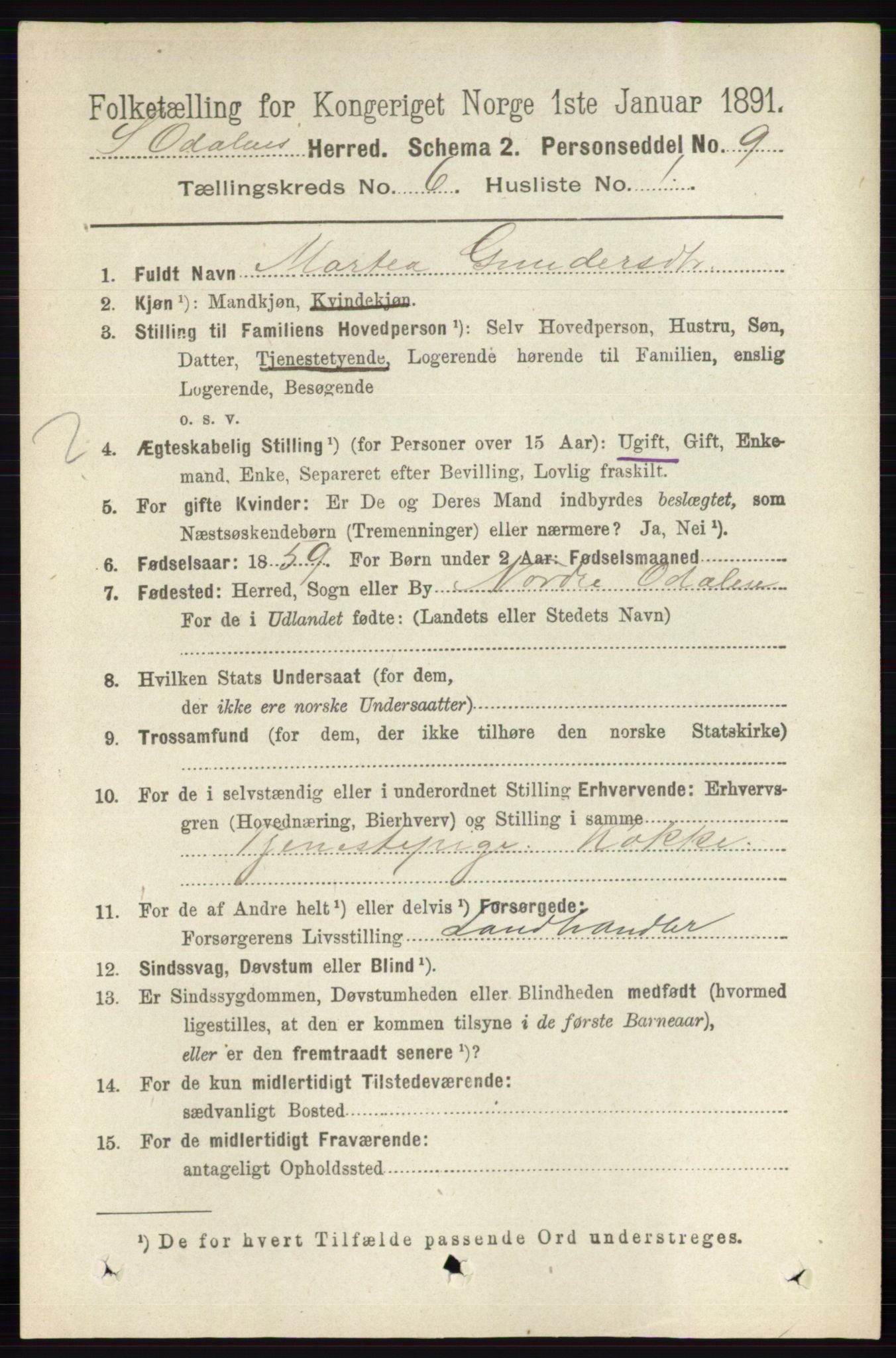 RA, 1891 census for 0419 Sør-Odal, 1891, p. 2803