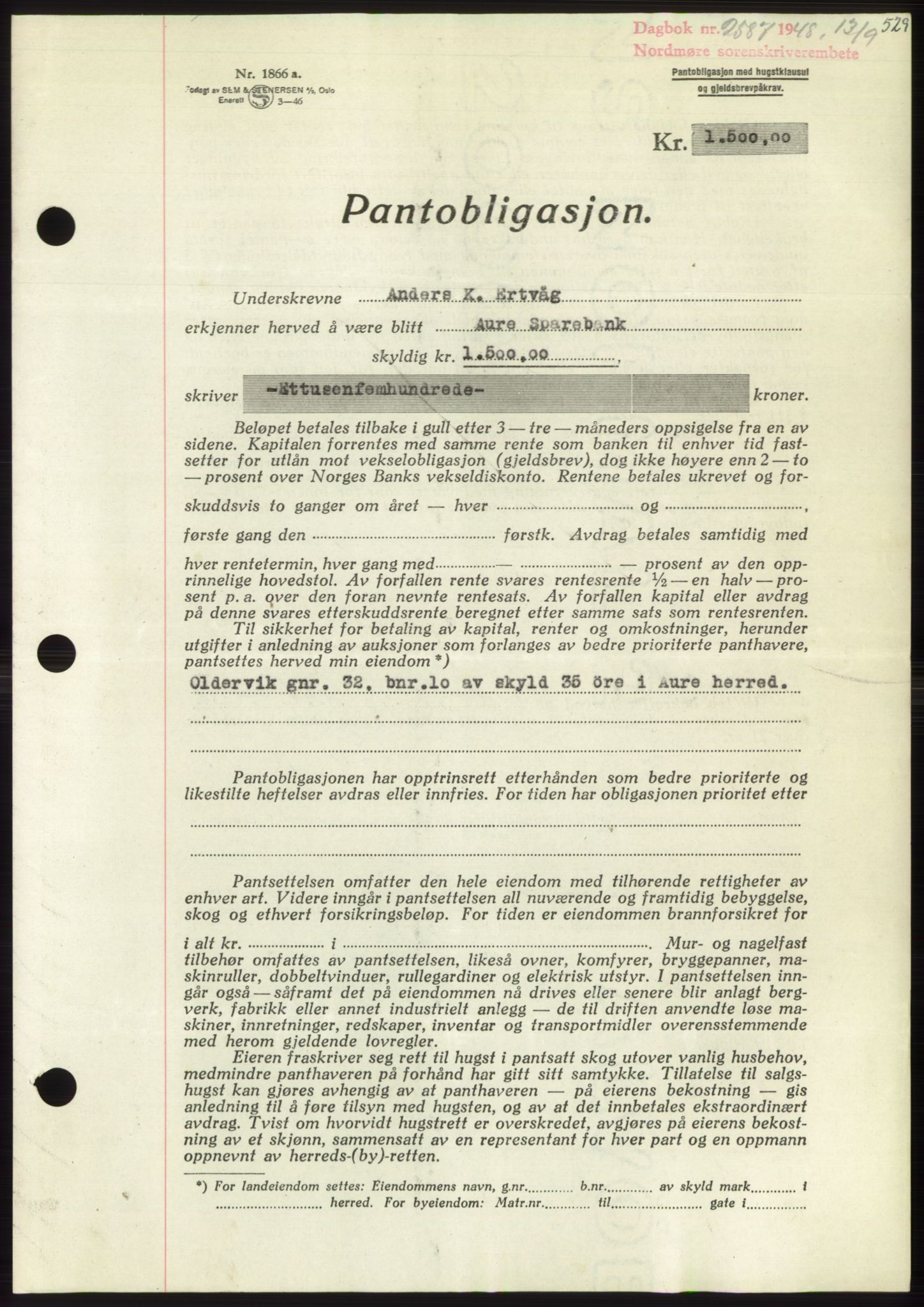 Nordmøre sorenskriveri, AV/SAT-A-4132/1/2/2Ca: Mortgage book no. B99, 1948-1948, Diary no: : 2587/1948