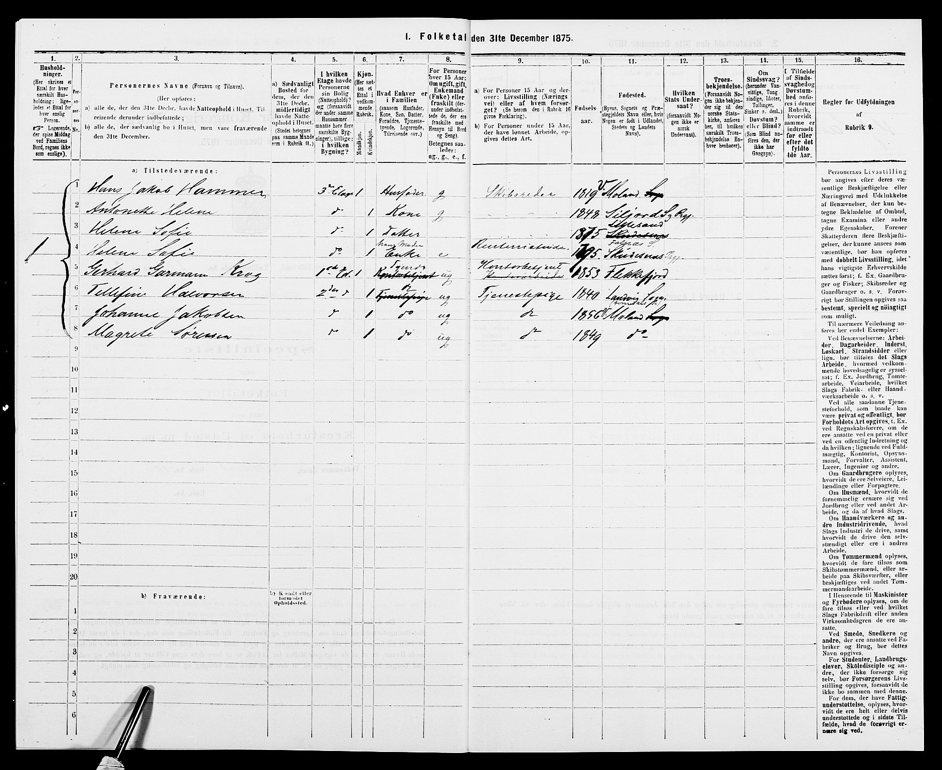 SAK, 1875 census for 0905B Vestre Moland/Lillesand, 1875, p. 209