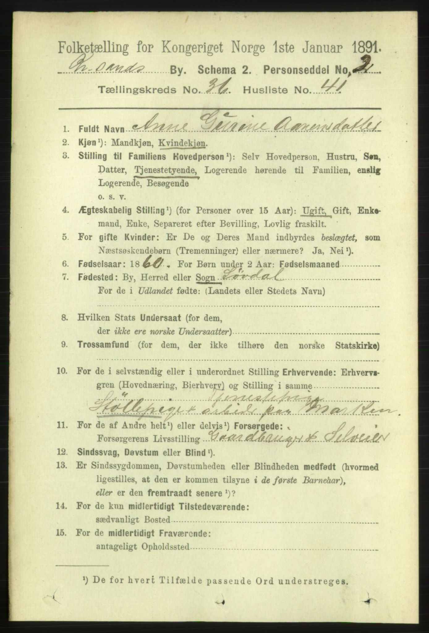 RA, 1891 census for 1001 Kristiansand, 1891, p. 11638