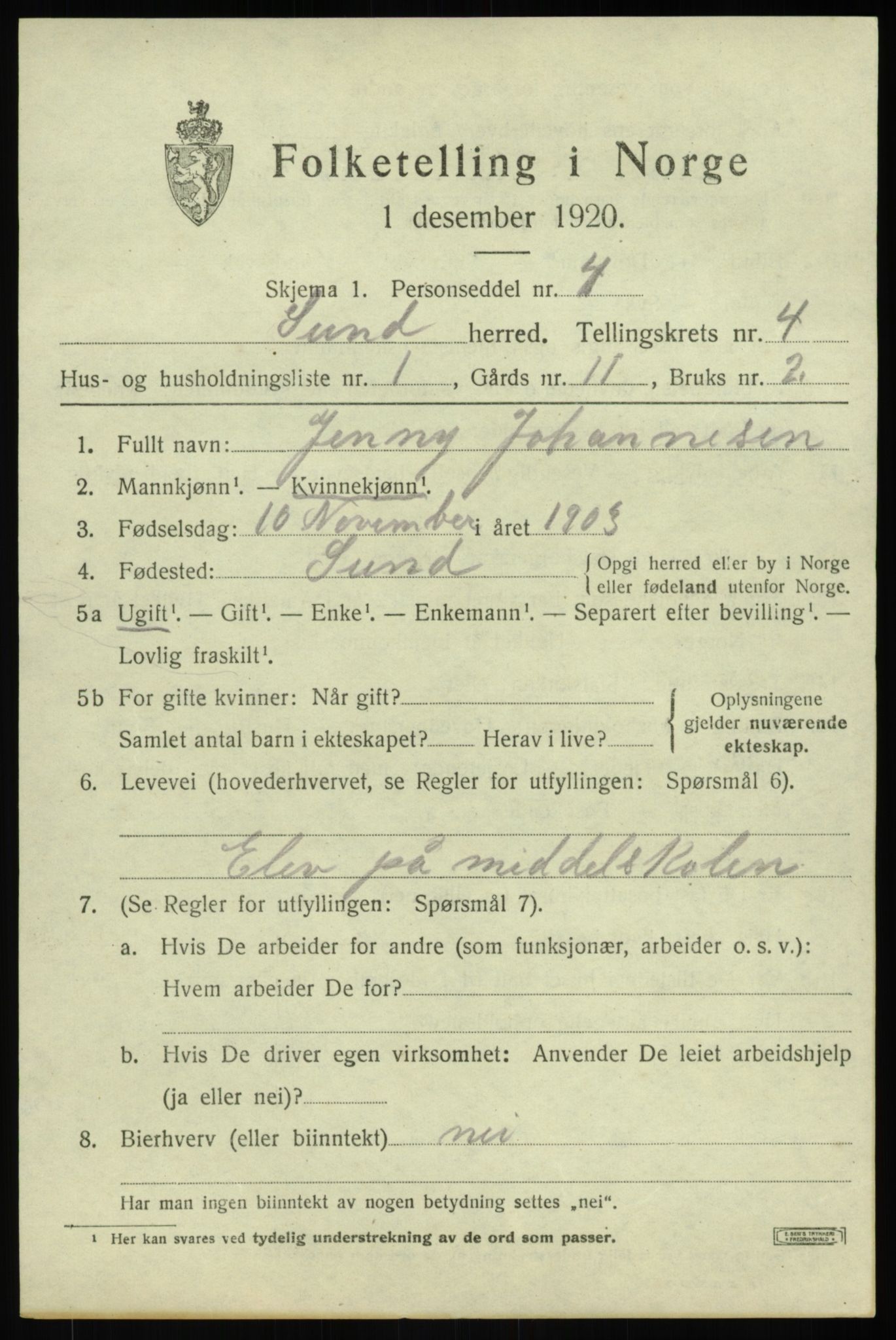 SAB, 1920 census for Sund, 1920, p. 2495