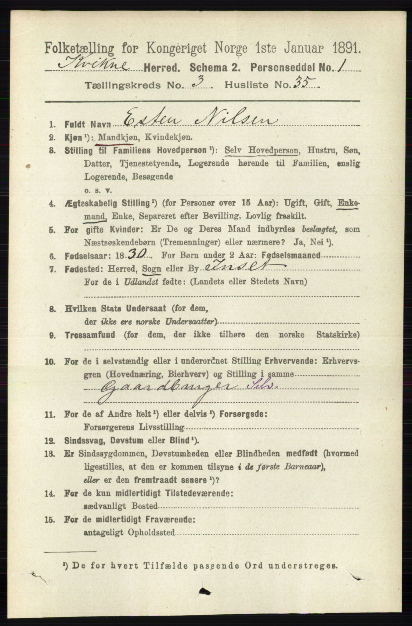 RA, 1891 census for 0440 Kvikne, 1891, p. 907