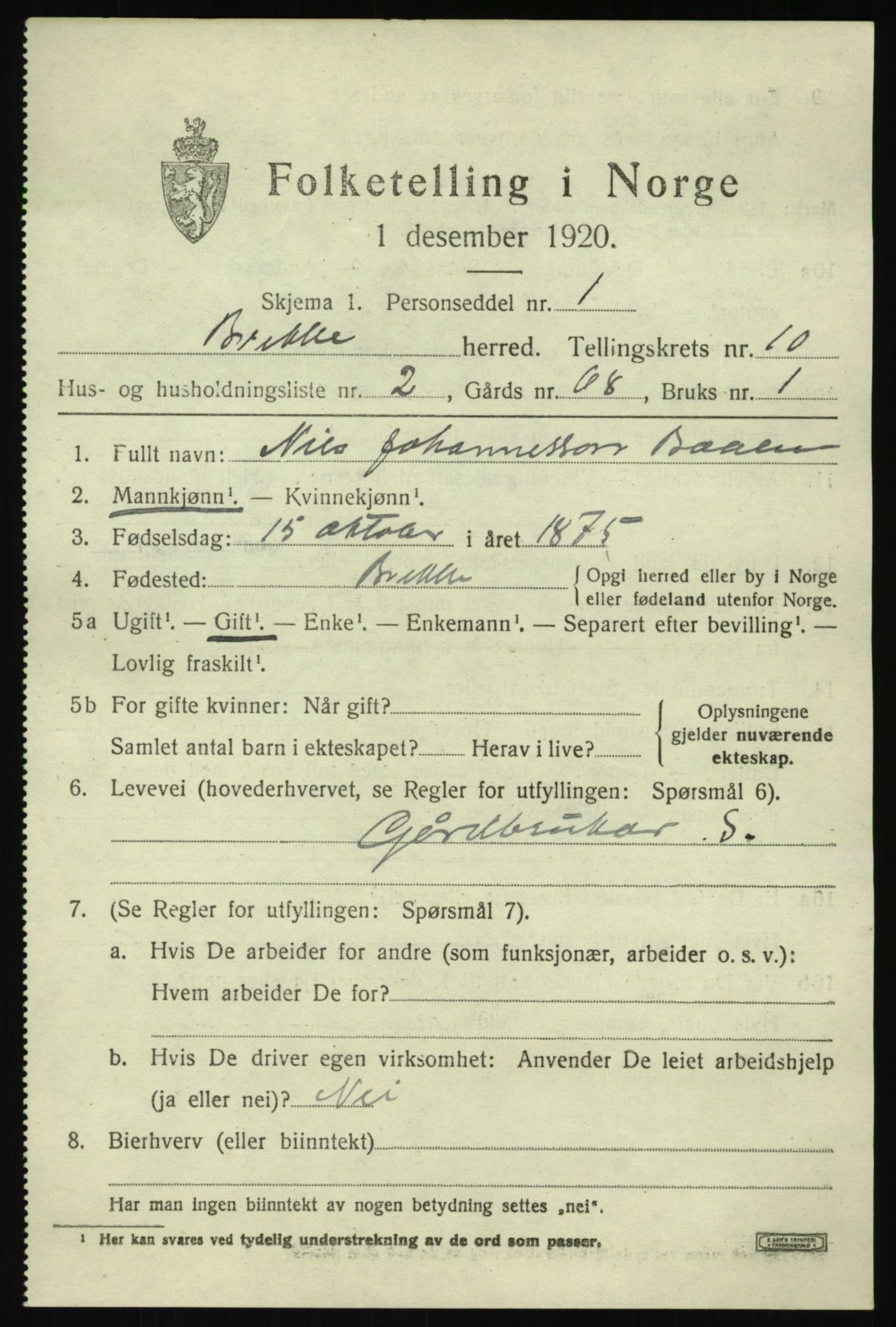 SAB, 1920 census for Brekke, 1920, p. 2134