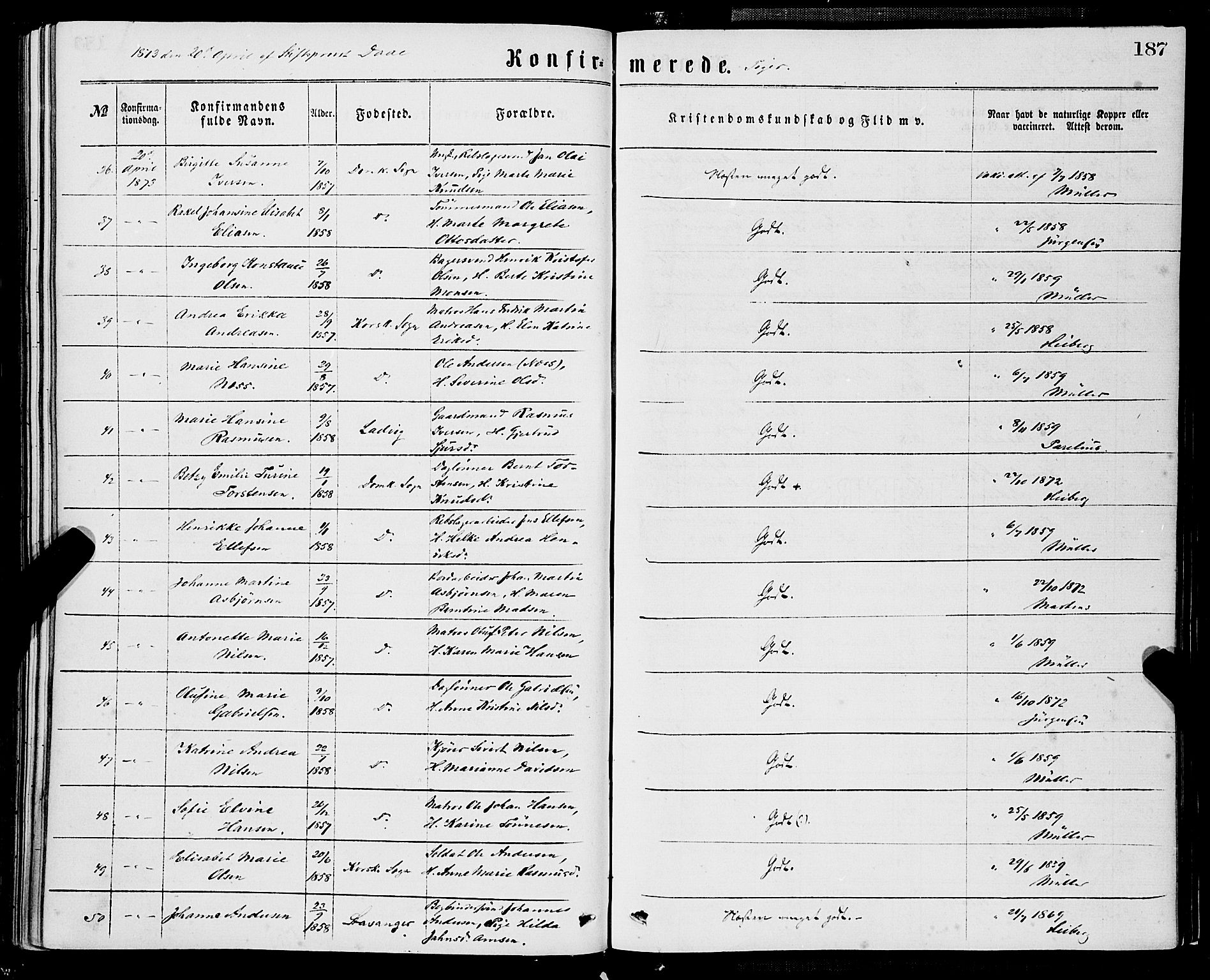Domkirken sokneprestembete, SAB/A-74801/H/Haa/L0029: Parish register (official) no. C 4, 1864-1879, p. 187