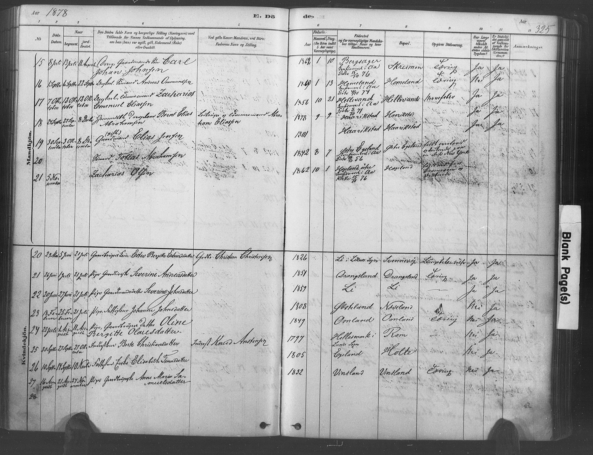 Lyngdal sokneprestkontor, AV/SAK-1111-0029/F/Fa/Fac/L0011: Parish register (official) no. A 11, 1878-1893, p. 325