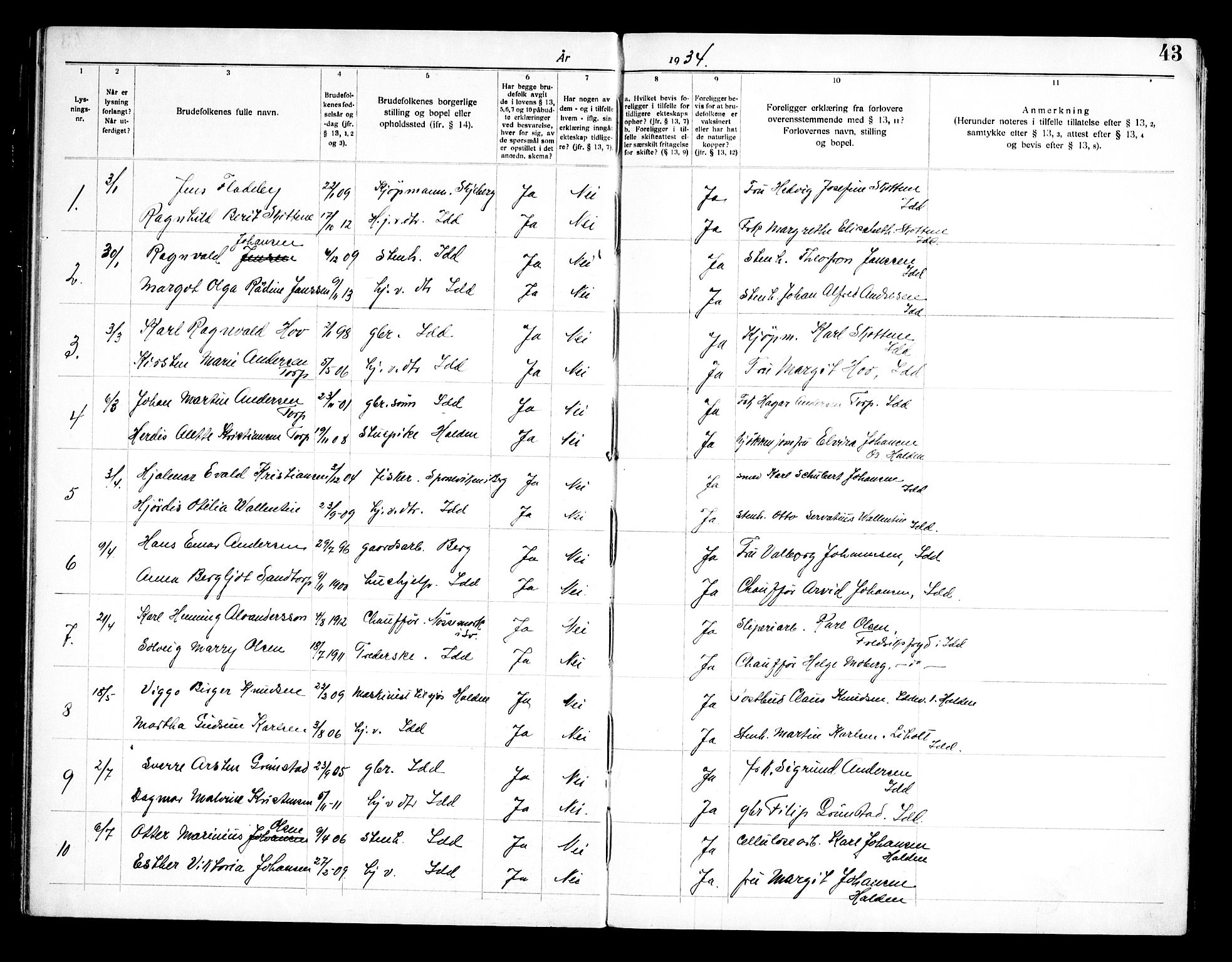 Idd prestekontor Kirkebøker, SAO/A-10911/H/Ha/L0002: Banns register no. I 2, 1919-1958, p. 43