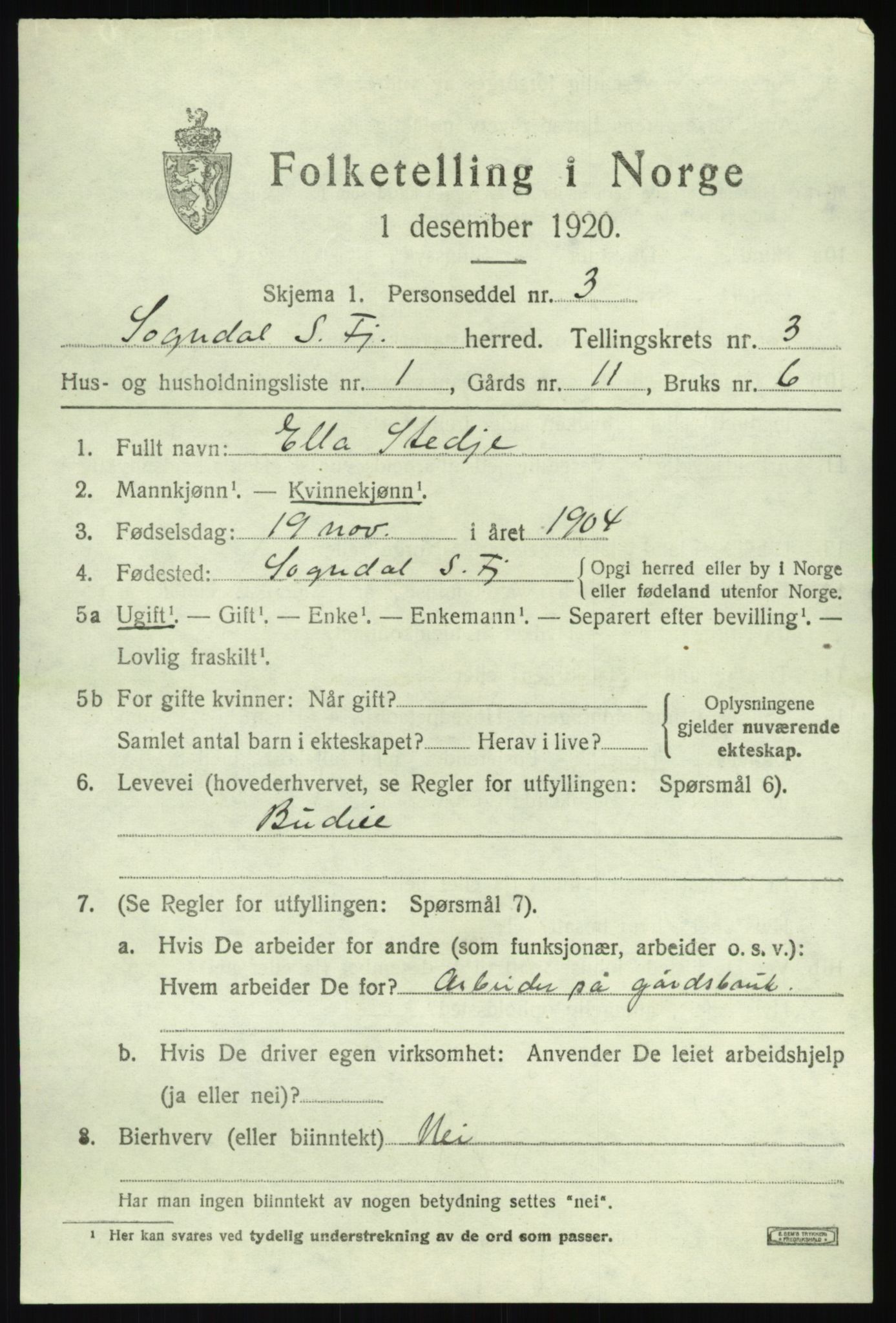 SAB, 1920 census for Sogndal, 1920, p. 2103