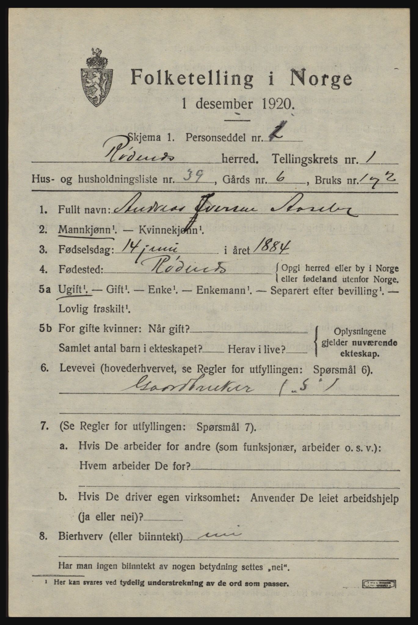 SAO, 1920 census for Rødenes, 1920, p. 956