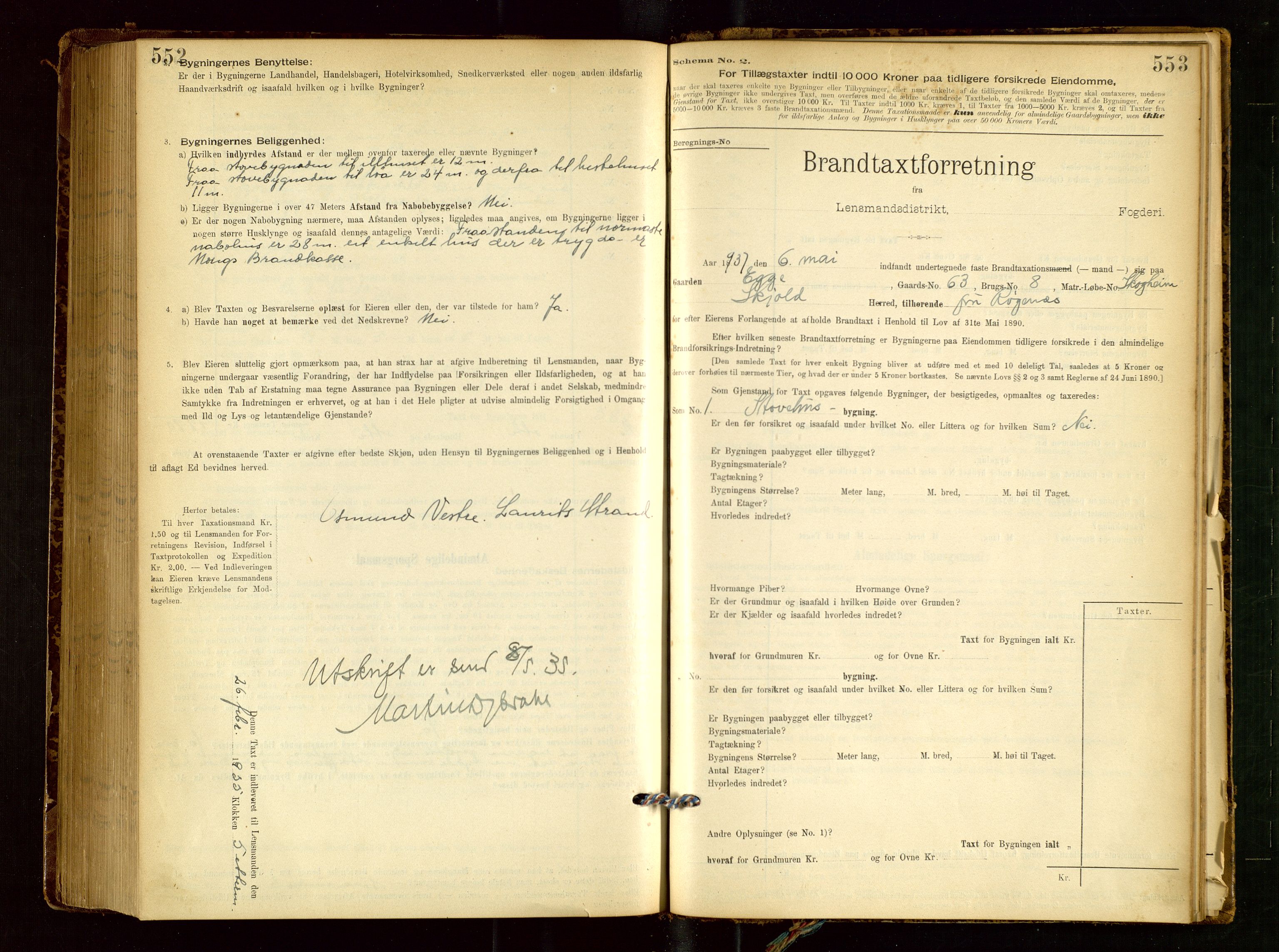 Skjold lensmannskontor, AV/SAST-A-100182/Gob/L0001: "Brandtaxationsprotokol for Skjold Lensmandsdistrikt Ryfylke Fogderi", 1894-1939, p. 552-553